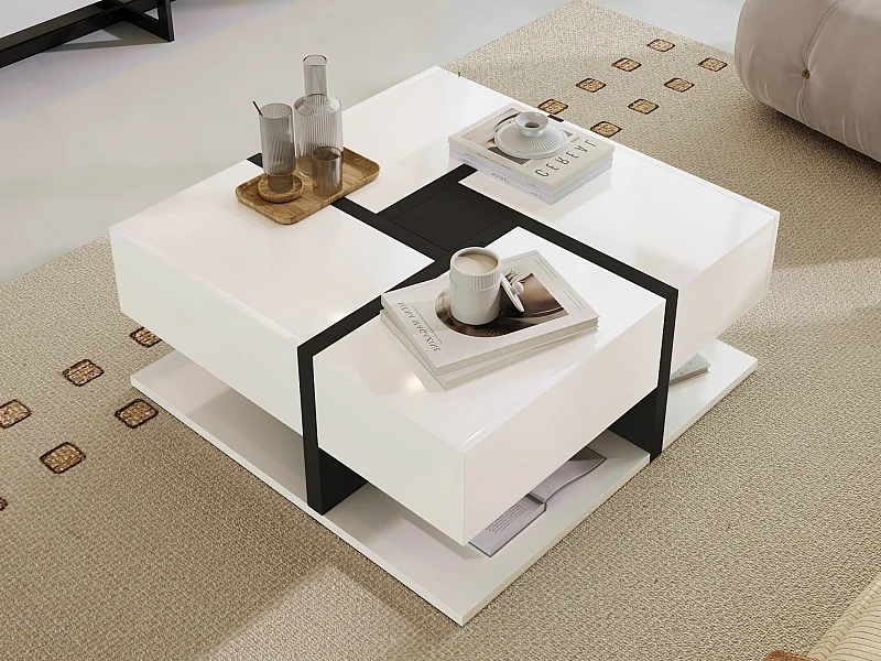 Quadratischer Couchtisch in Hochglanz mit 4 Schubladen, Spanplatte, Weiß, 78 x 78 x 36 cm