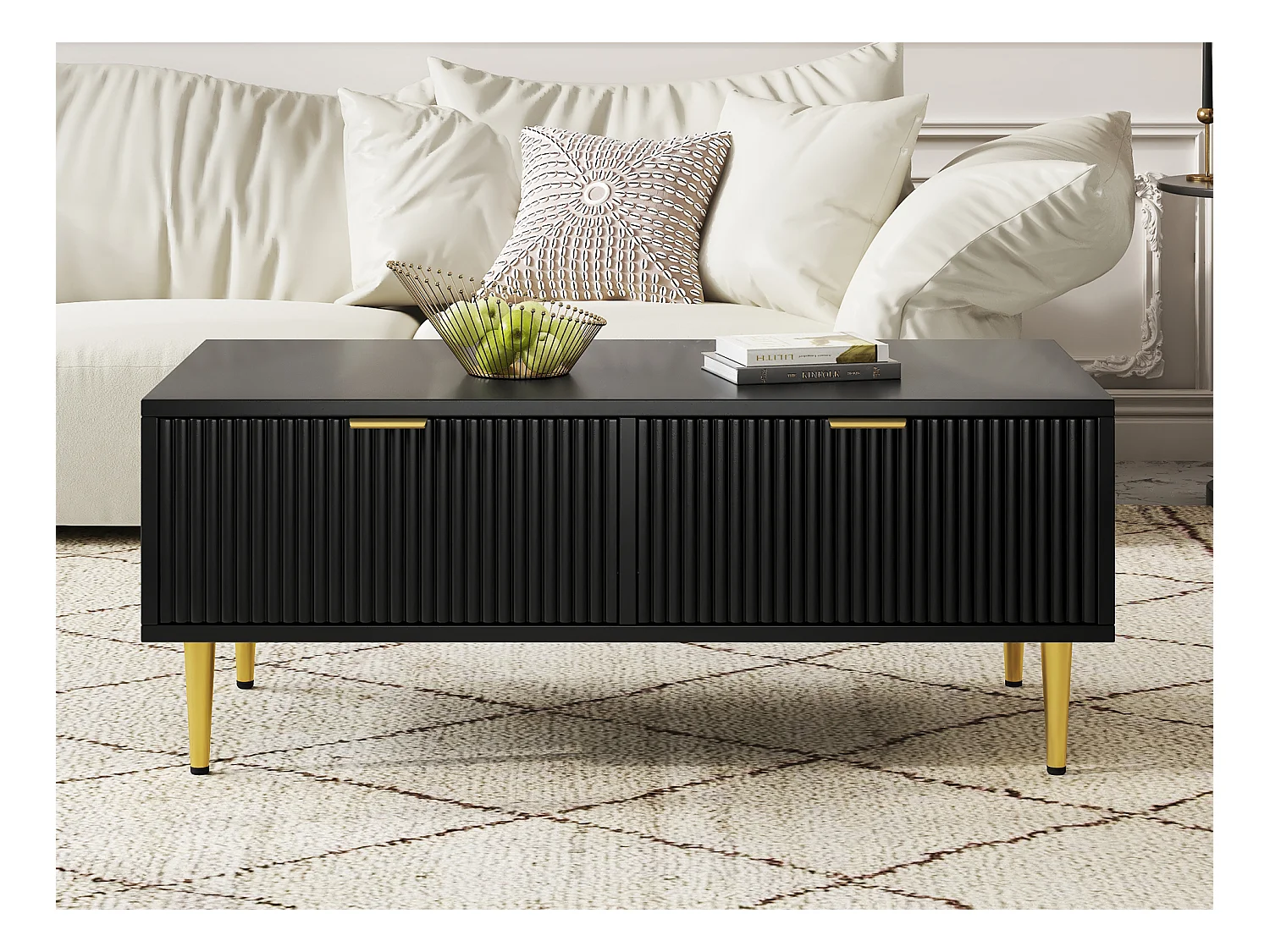 Table basse élégante noire avec décoration dorée, 2 tiroirs, design à rayures verticales, Bois MDF, 100 x 50 x 40 cm