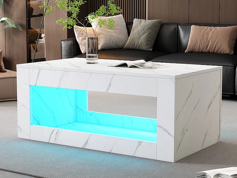 Hoogglans witte houten salontafel, moderne LED-woonkamertafel, marmerpatroon, 100 x 50 x 50 cm