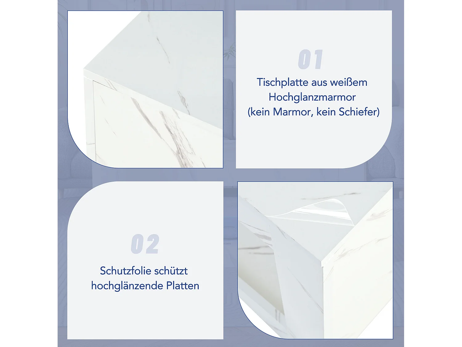 Hoogglans witte houten salontafel, moderne LED-woonkamertafel, marmerpatroon, 100 x 50 x 50 cm