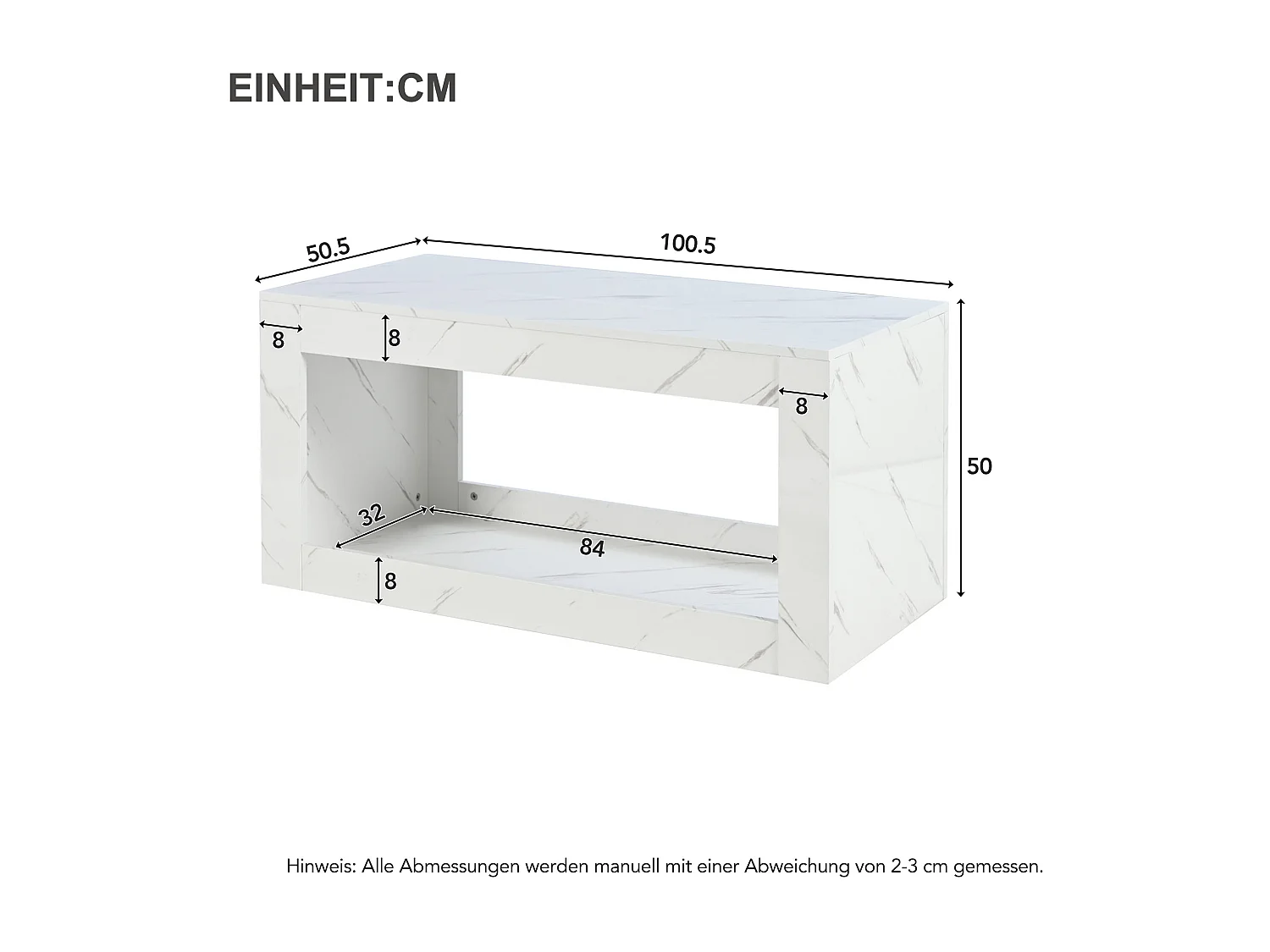 Hoogglans witte houten salontafel, moderne LED-woonkamertafel, marmerpatroon, 100 x 50 x 50 cm