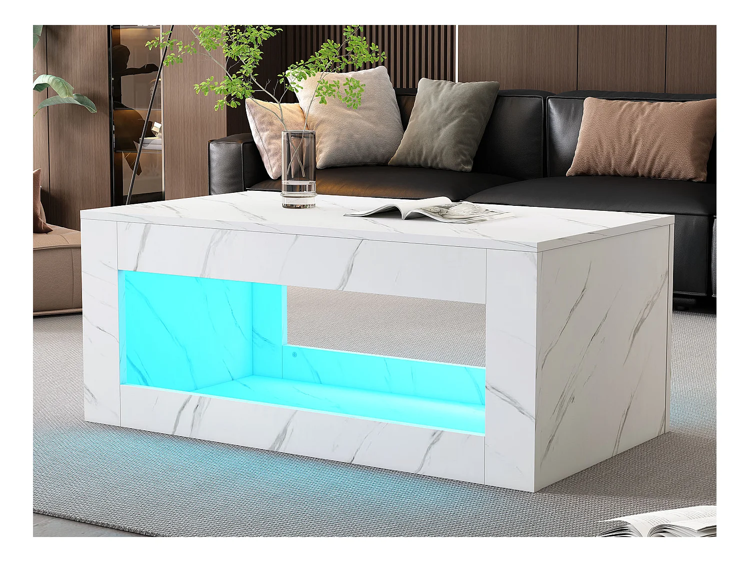 Table basse en bois blanc à haute brillance, table de salon moderne à LED, motif marbre, 100 x 50 x 50cm