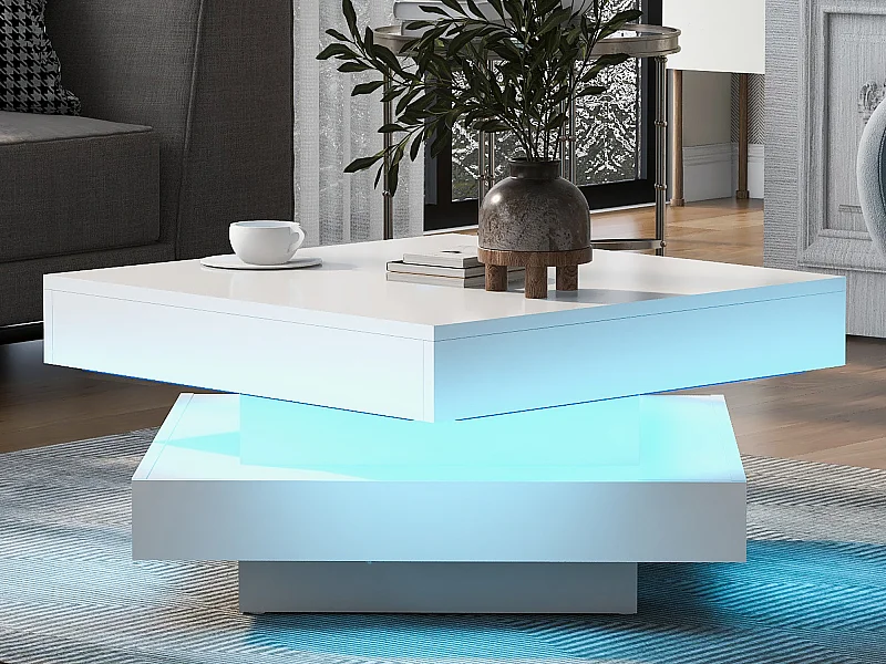 Glänzend weißer, quadratischer Couchtisch mit drehbarer Platte – moderner Techno-Stil mit 16-farbigem LED-Licht, 70 x 70 x 36 cm