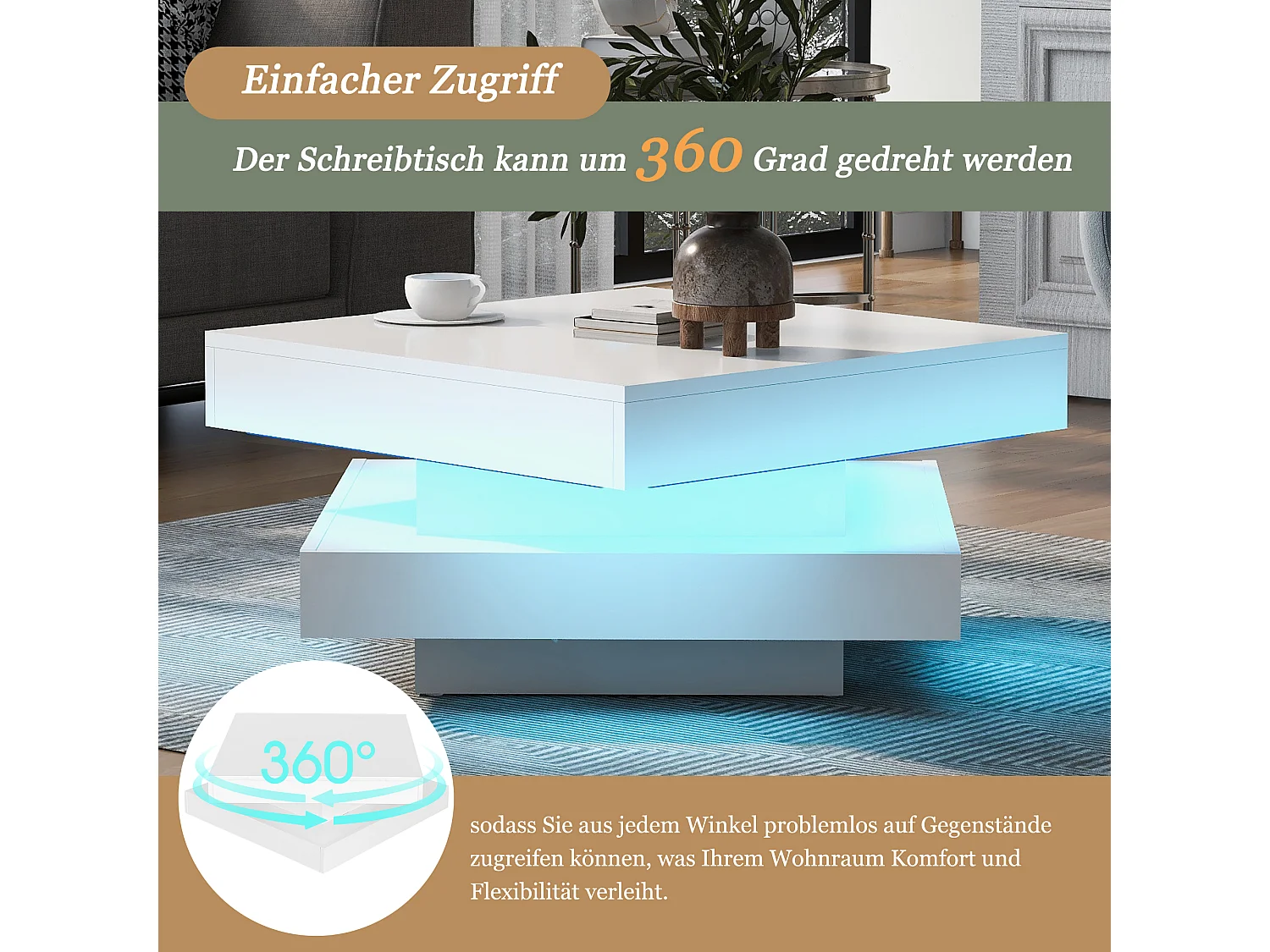 Glanzend witte vierkante salontafel met draaibaar blad - moderne technostijl met 16 kleuren LED-licht, 70x70x36 cm