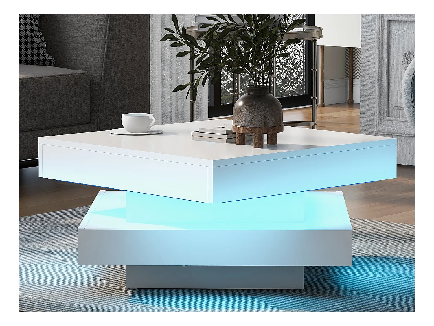 Glanzend witte vierkante salontafel met draaibaar blad - moderne technostijl met 16 kleuren LED-licht, 70x70x36 cm
