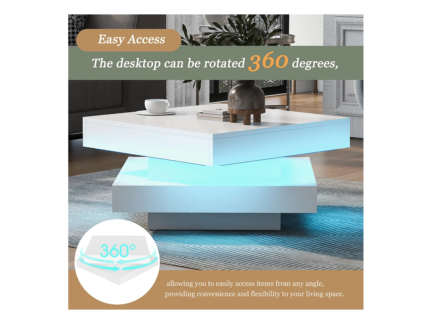 Glänzend weißer, quadratischer Couchtisch mit drehbarer Platte – moderner Techno-Stil mit 16-farbigem LED-Licht, 70 x 70 x 36 cm