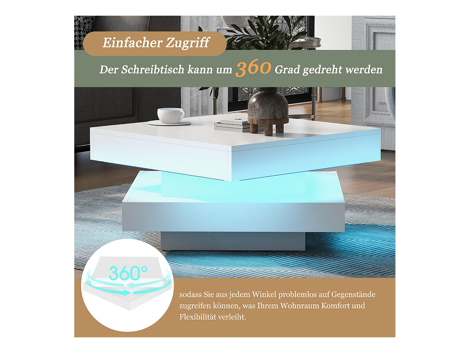 Glänzend weißer, quadratischer Couchtisch mit drehbarer Platte – moderner Techno-Stil mit 16-farbigem LED-Licht, 70 x 70 x 36 cm