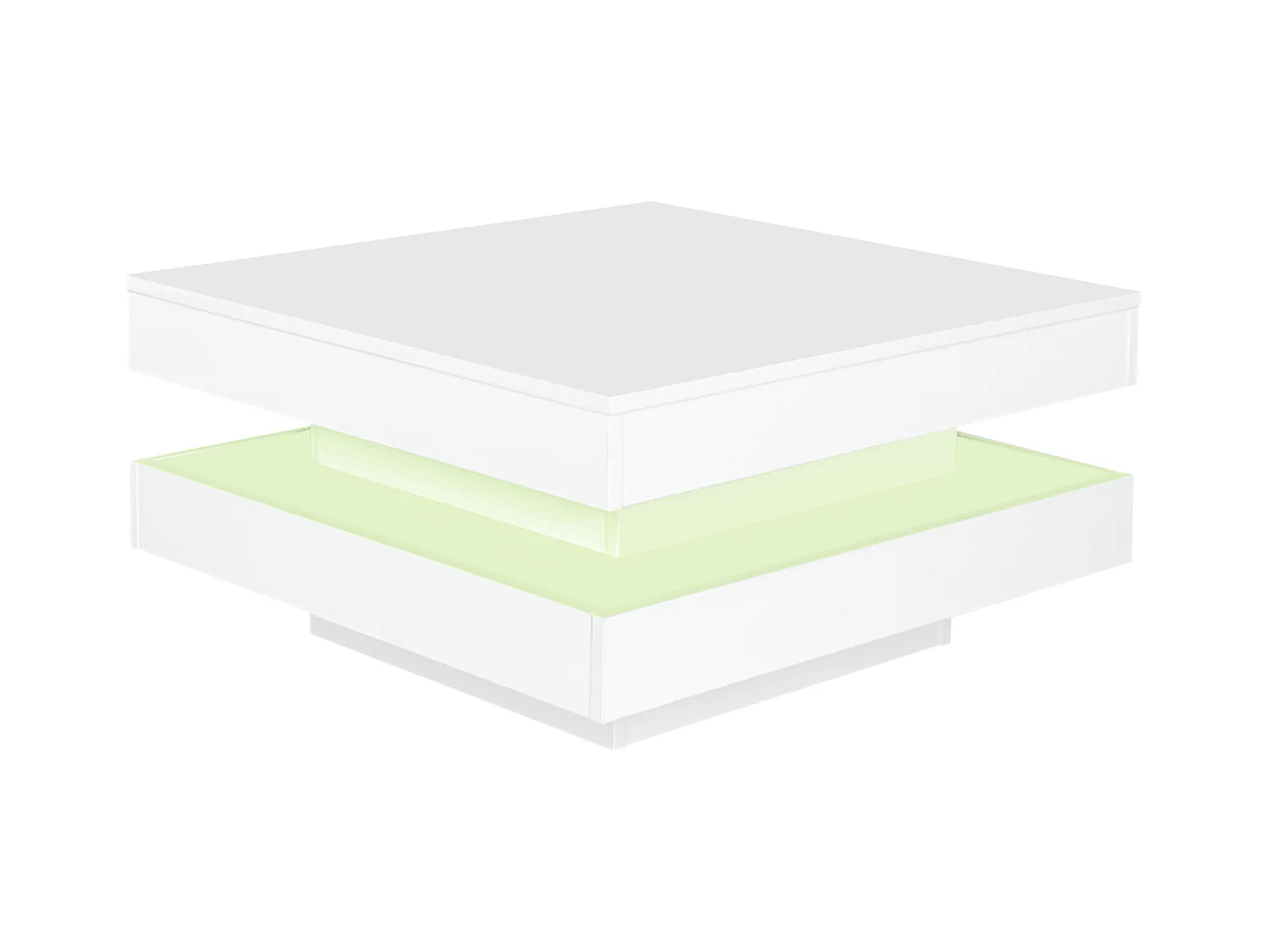 Glänzend weißer, quadratischer Couchtisch mit drehbarer Platte – moderner Techno-Stil mit 16-farbigem LED-Licht, 70 x 70 x 36 cm