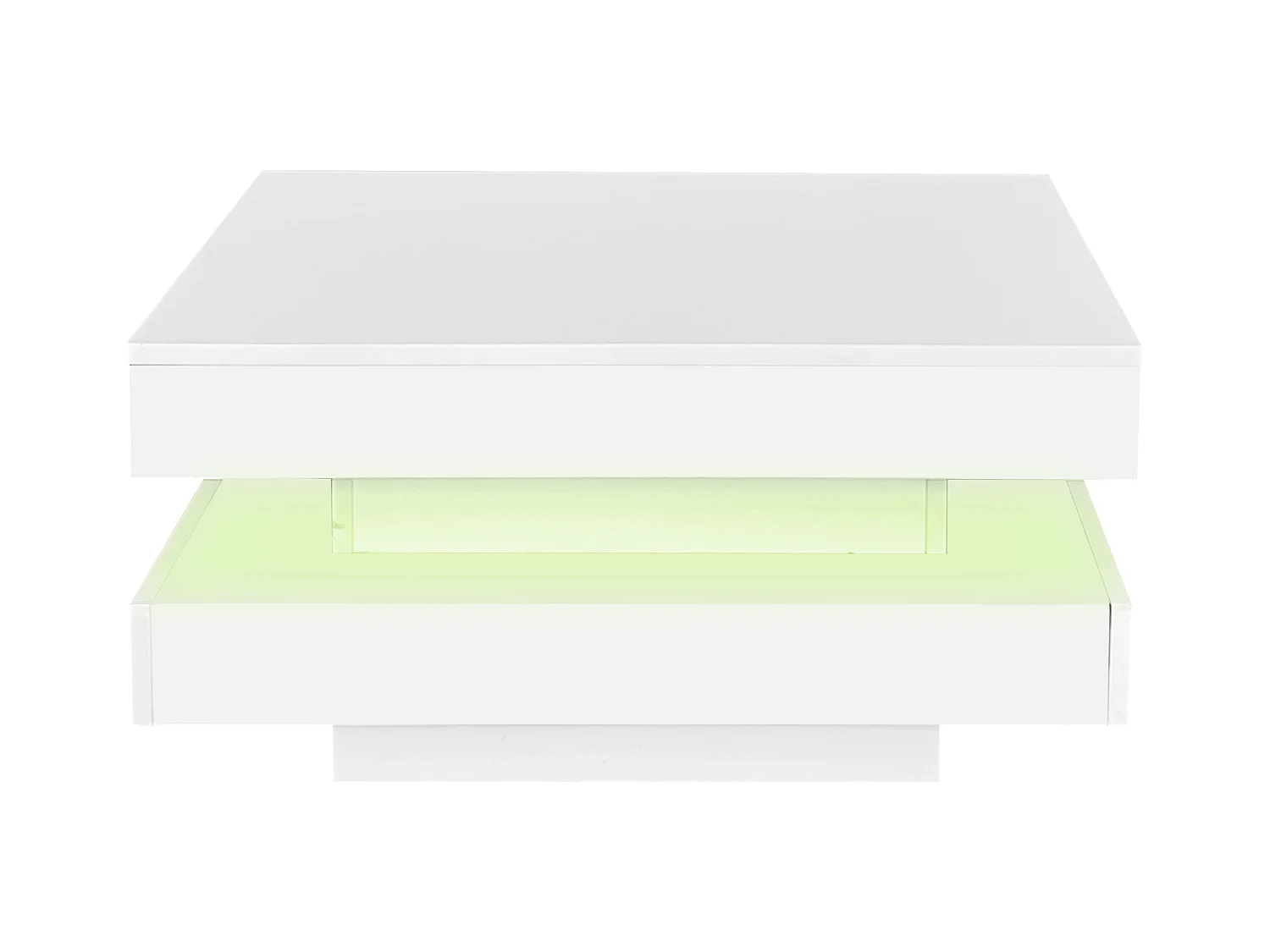 Glänzend weißer, quadratischer Couchtisch mit drehbarer Platte – moderner Techno-Stil mit 16-farbigem LED-Licht, 70 x 70 x 36 cm