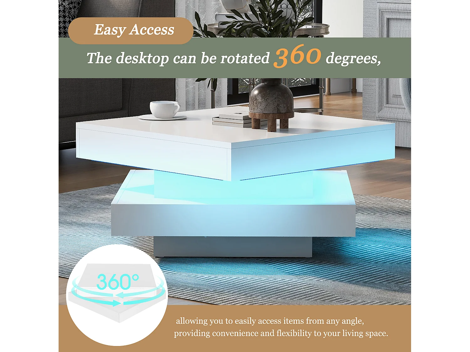 Mesa de Centro Cuadrada Blanca Brillante con Tapa Giratoria - Estilo Techno Moderno con Luz LED de 16 Colores, 70x70x36 cm