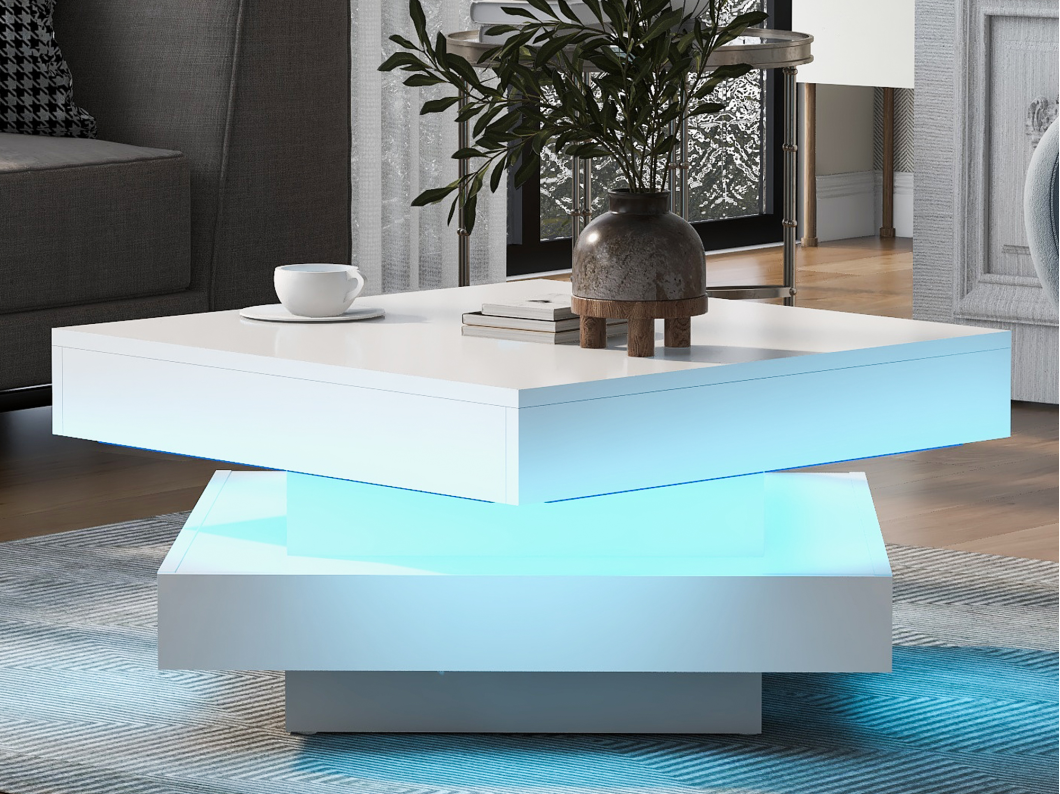 Tavolino Quadrato Bianco Lucido con Piano Girevole - Stile Moderno Techno con Luce LED a 16 Colori, 70x70x36 cm