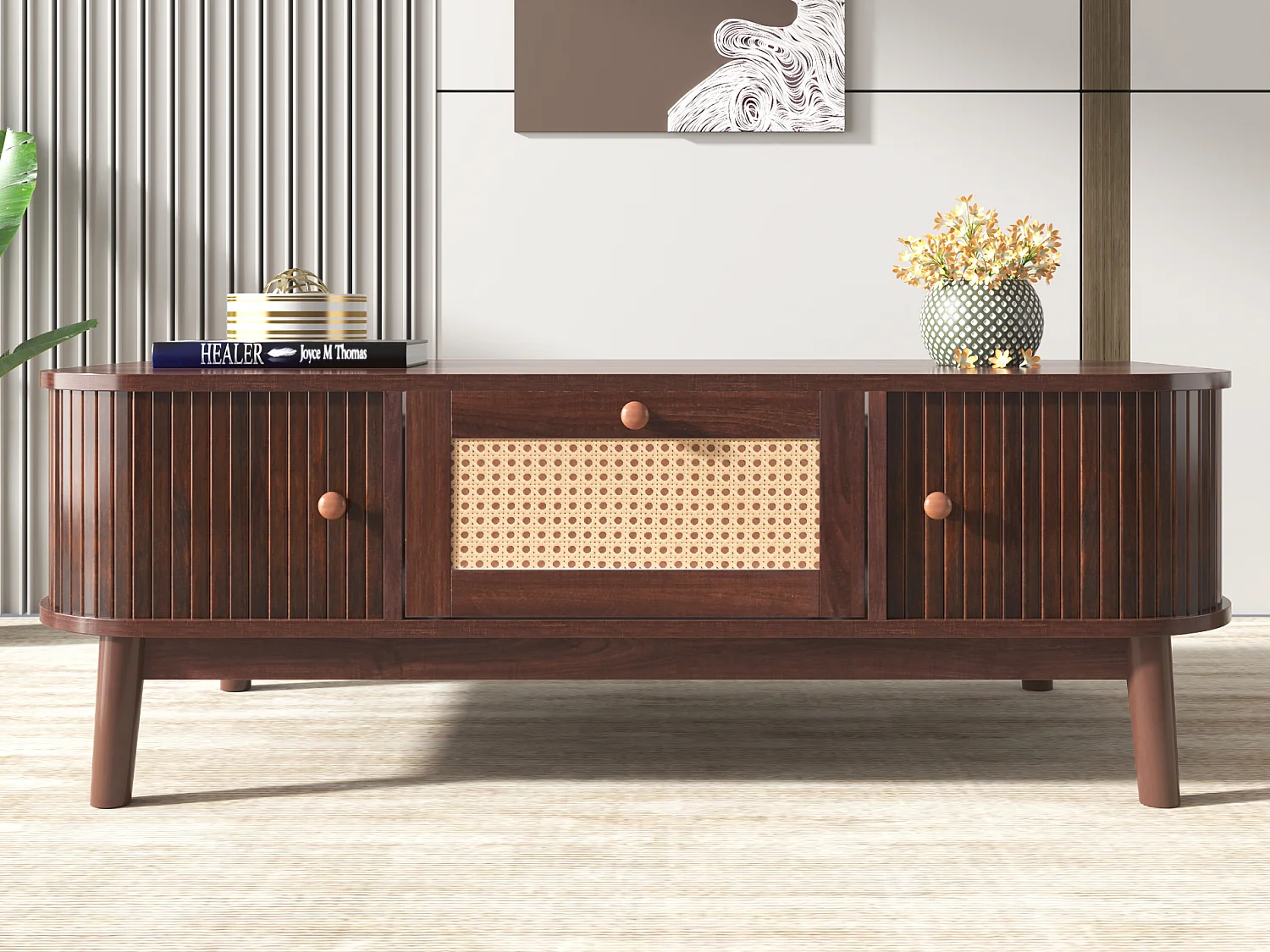 Tavolino, Tavolino con cassetti in rattan e ante scorrevoli, Gambe in legno massiccio, Marrone