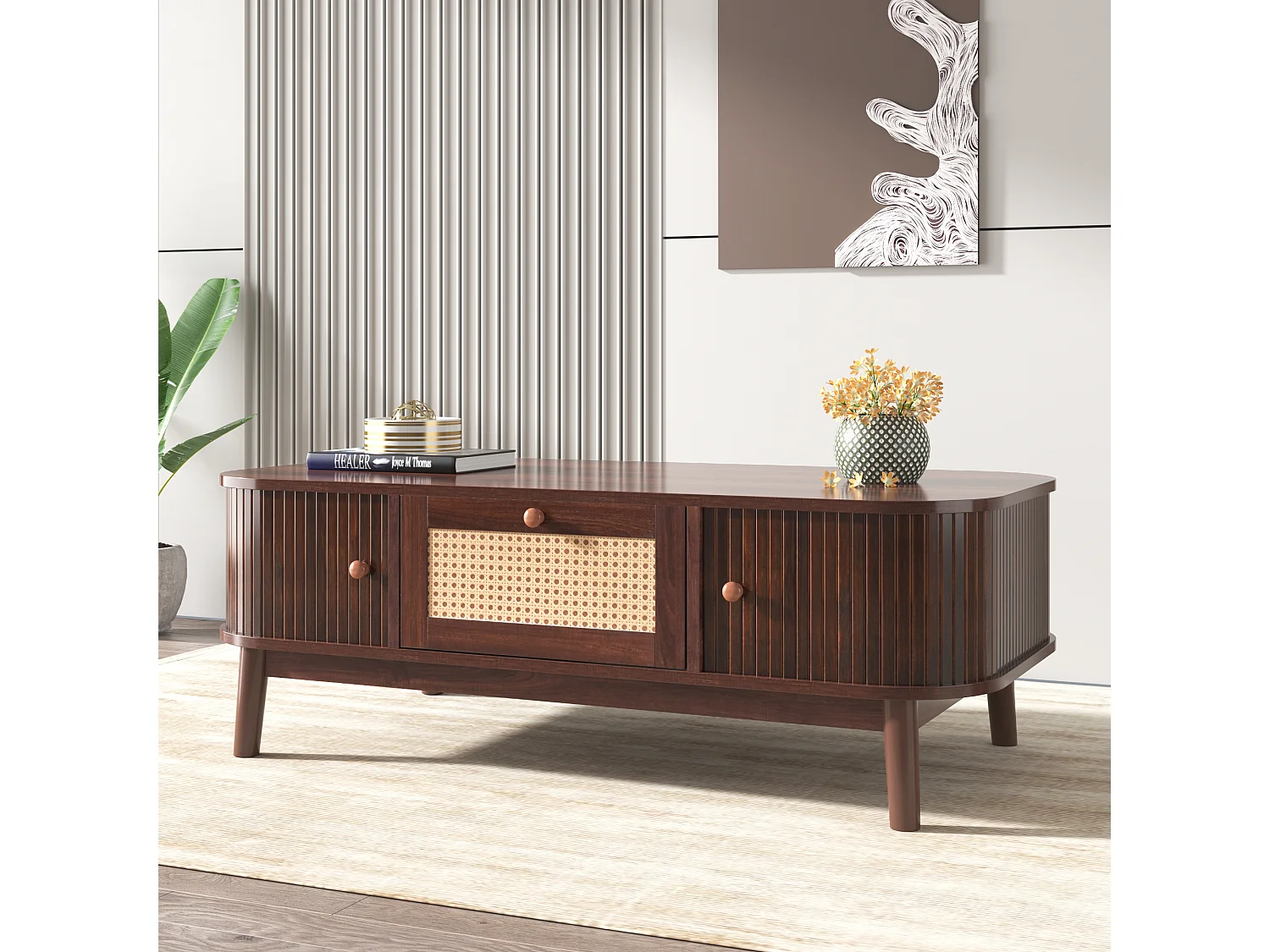 Tavolino, Tavolino con cassetti in rattan e ante scorrevoli, Gambe in legno massiccio, Marrone