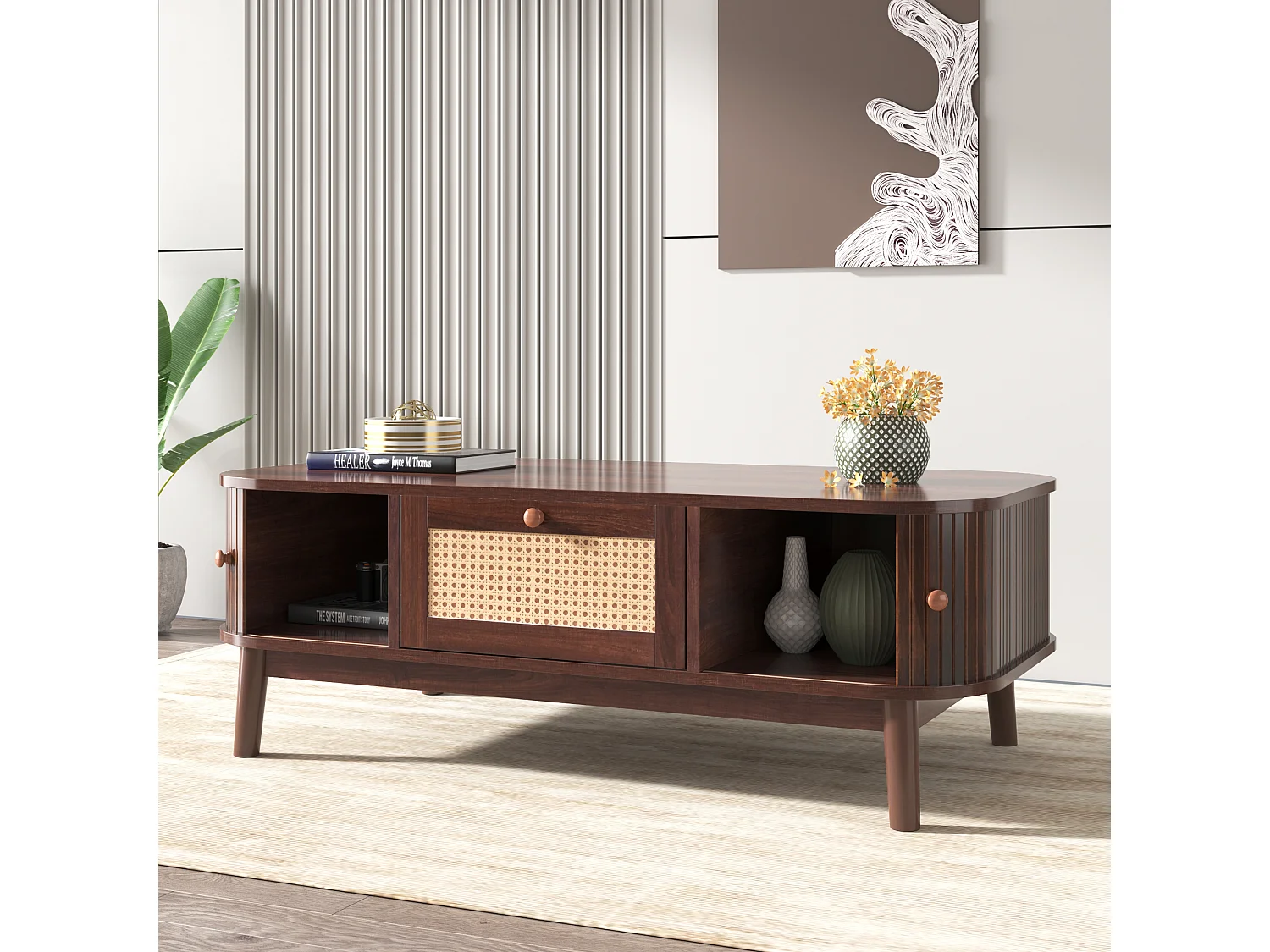 Tavolino, Tavolino con cassetti in rattan e ante scorrevoli, Gambe in legno massiccio, Marrone