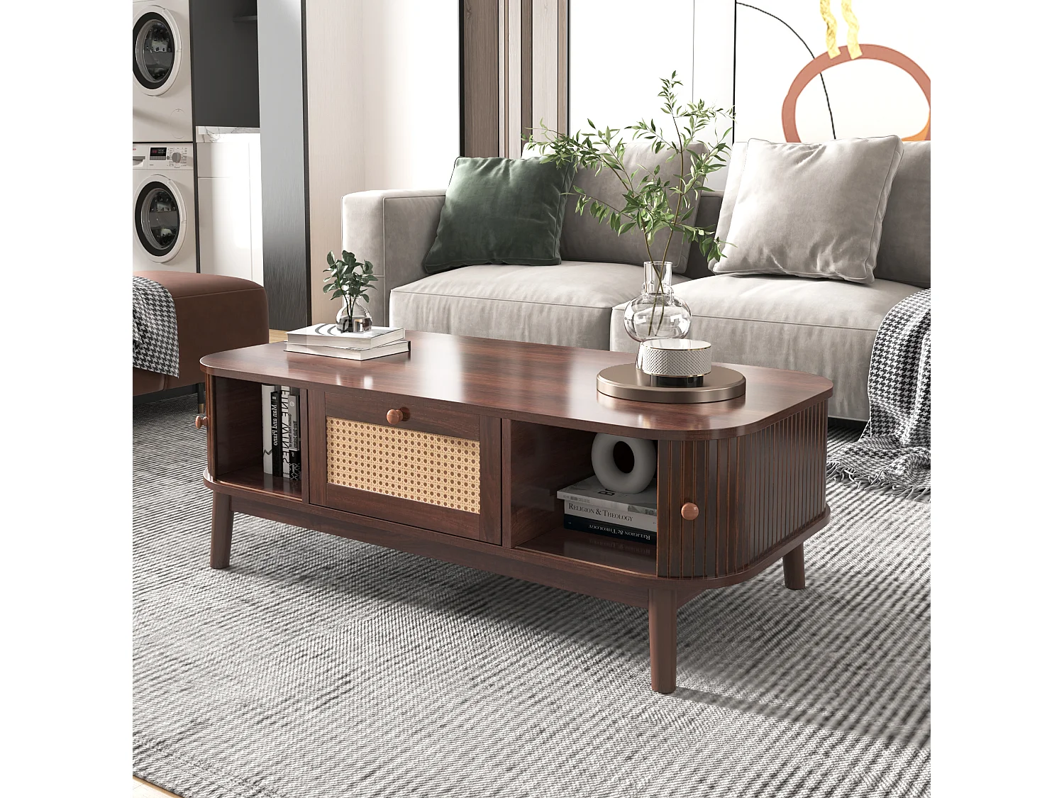 Tavolino, Tavolino con cassetti in rattan e ante scorrevoli, Gambe in legno massiccio, Marrone