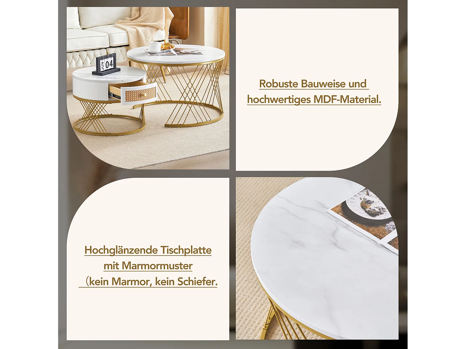 Salontafel met wit marmerpatroon en lade, MDF en metaal, elegant ontwerp