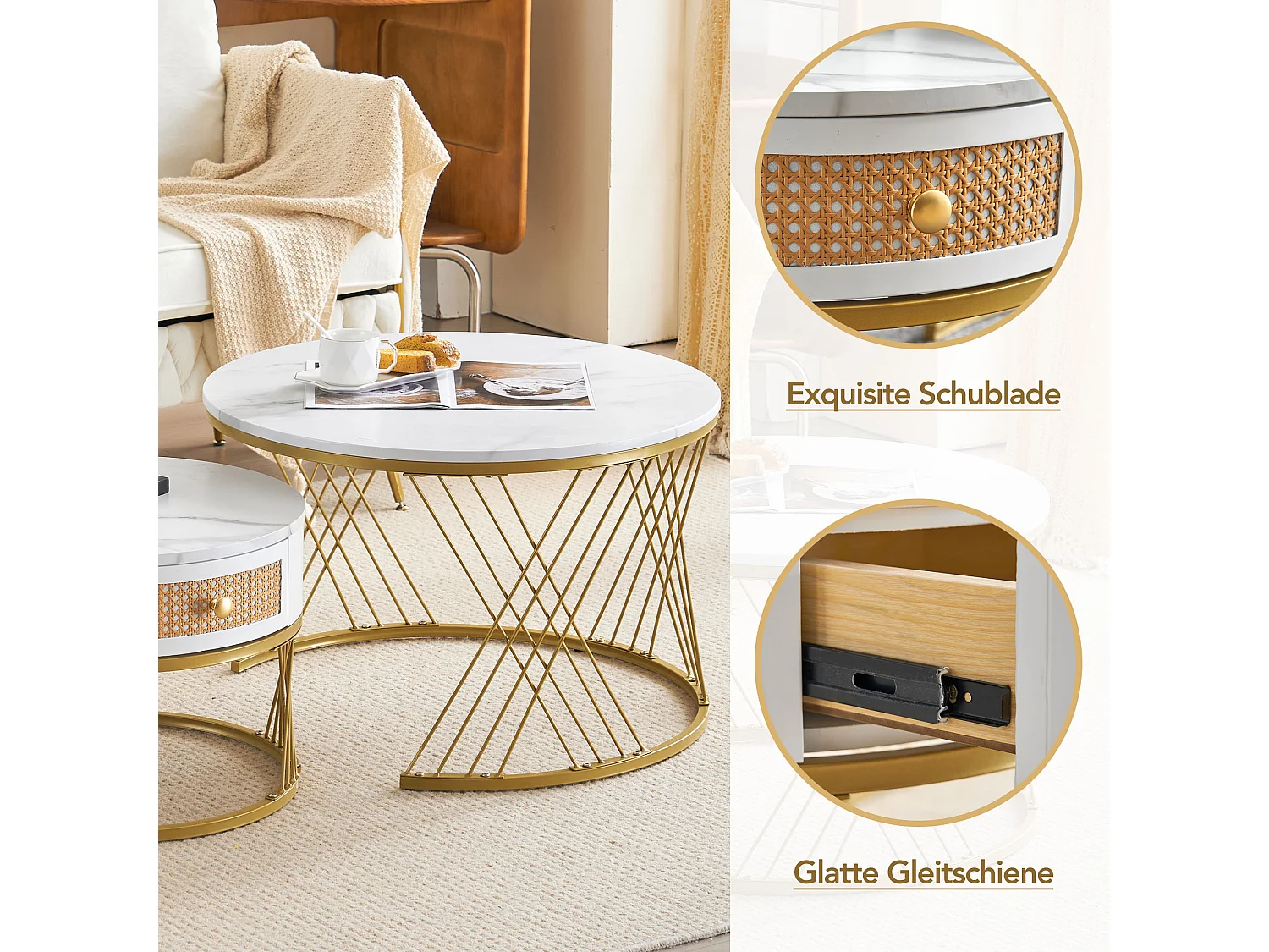 Salontafel met wit marmerpatroon en lade, MDF en metaal, elegant ontwerp