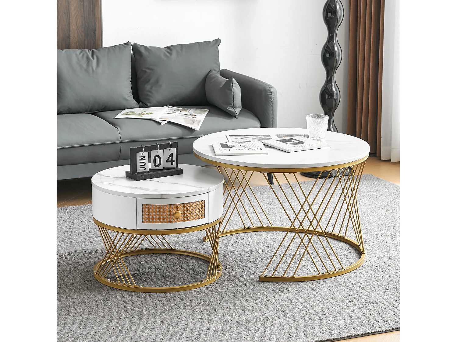 Salontafel met wit marmerpatroon en lade, MDF en metaal, elegant ontwerp