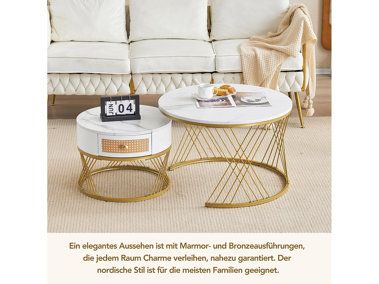 Salontafel met wit marmerpatroon en lade, MDF en metaal, elegant ontwerp