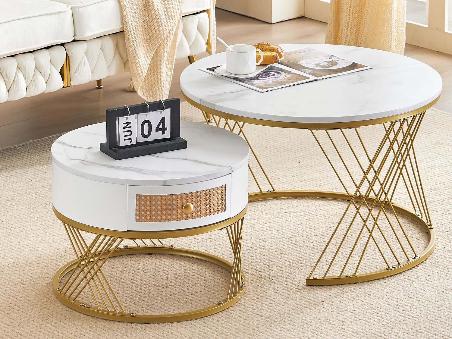 Salontafel met wit marmerpatroon en lade, MDF en metaal, elegant ontwerp