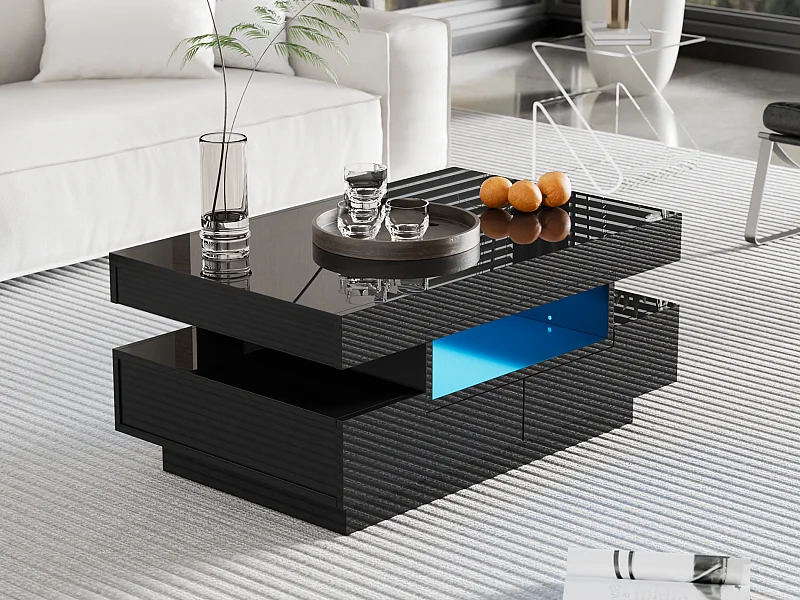 Mesa de centro de alto brillo, con tira de luz LED, 4 cajones delante y detrás, Madera de aglomerado, Negro