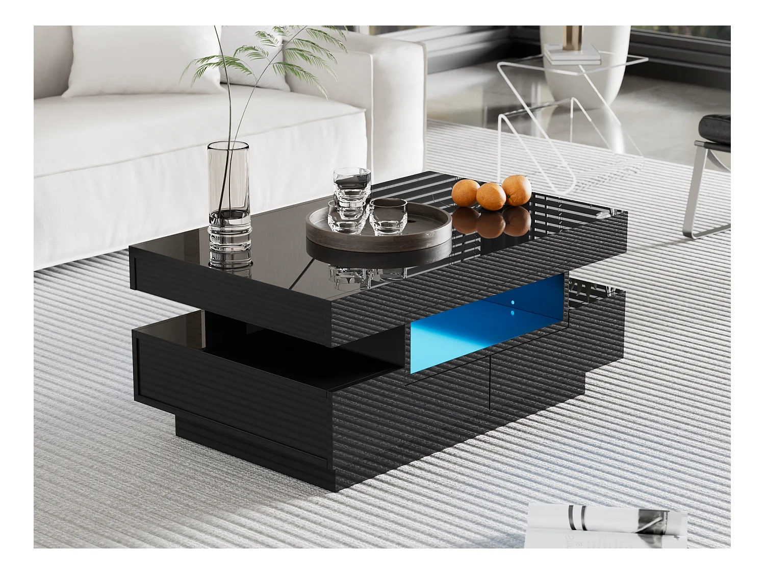 Table basse en haute brillante, avec bandeau lumineux LED, 4 tiroirs à l'avant et à l'arrière, Bois panneaux de particules, Noir