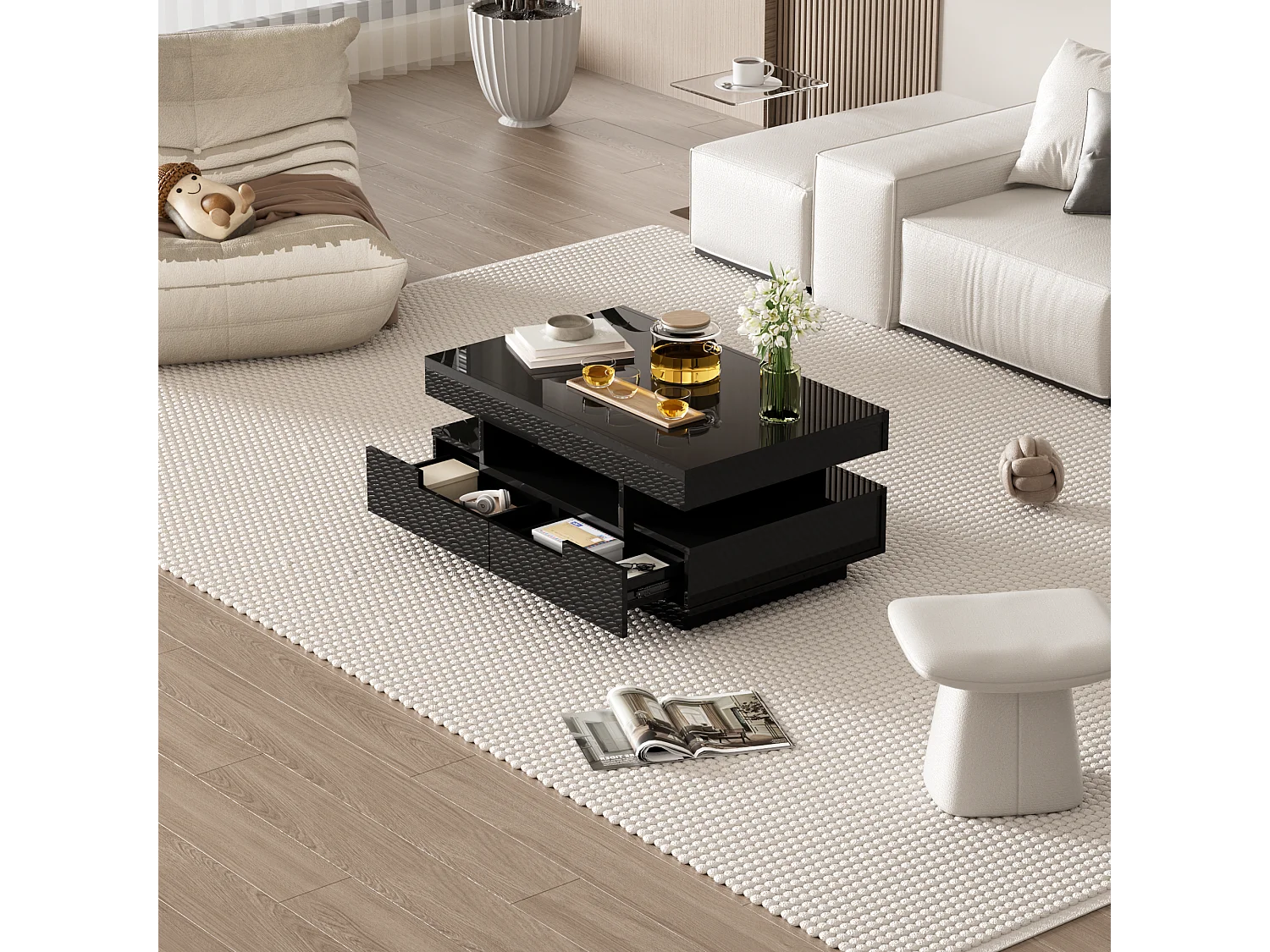 Stolik kawowy z połyskiem, z listwą świetlną LED, 4 szuflady z przodu i z tyłu, Płyta wiórowa, Czarny