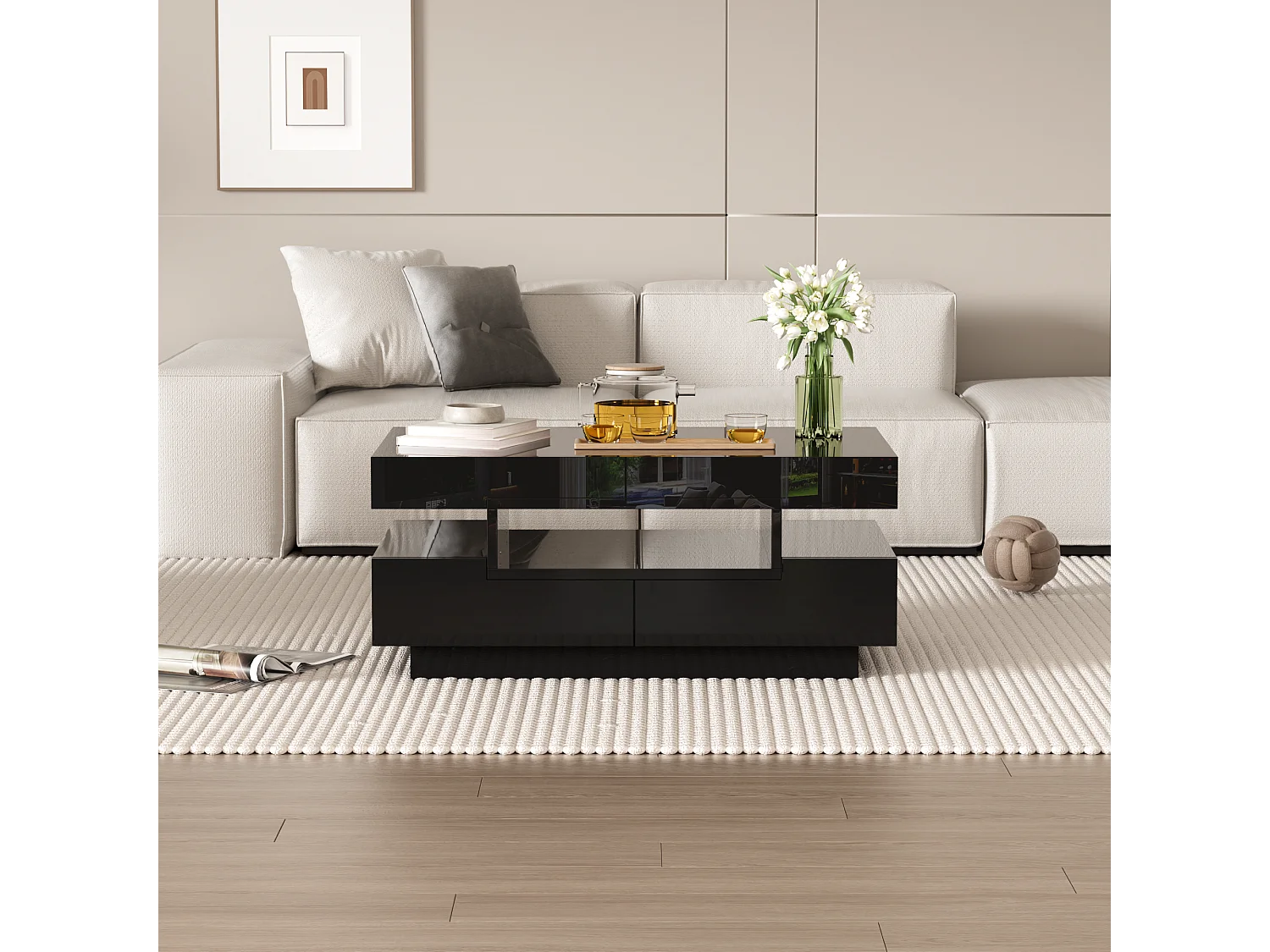 Stolik kawowy z połyskiem, z listwą świetlną LED, 4 szuflady z przodu i z tyłu, Płyta wiórowa, Czarny