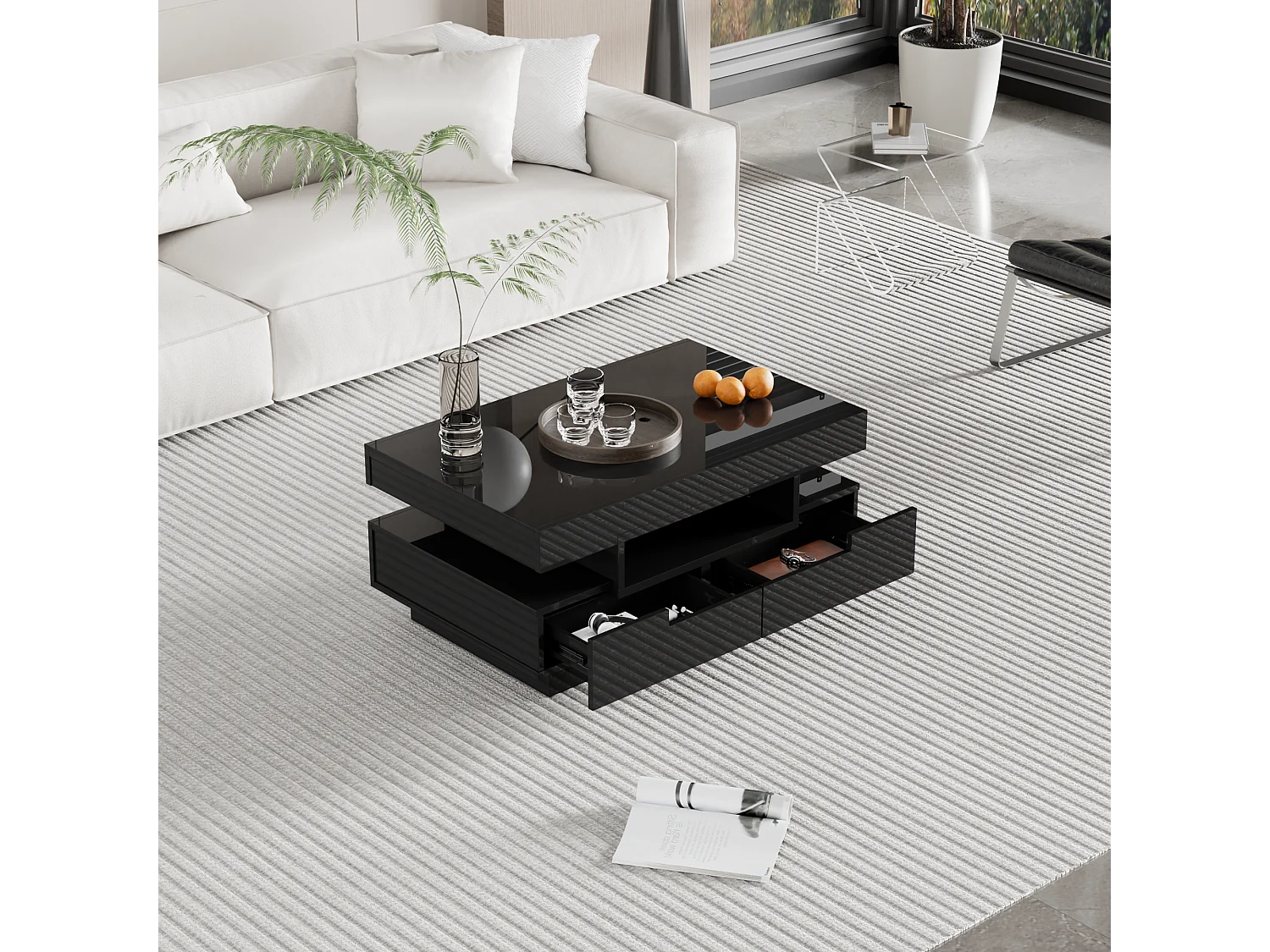 Stolik kawowy z połyskiem, z listwą świetlną LED, 4 szuflady z przodu i z tyłu, Płyta wiórowa, Czarny