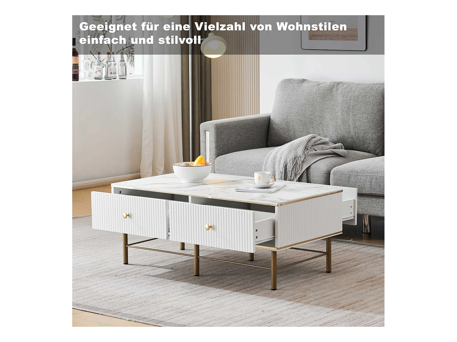 Glänzend weißer Couchtisch, moderner Wohnzimmertisch mit 4 Schubladen, Furnier mit Marmormuster, 105 x 55 x 42,5 cm