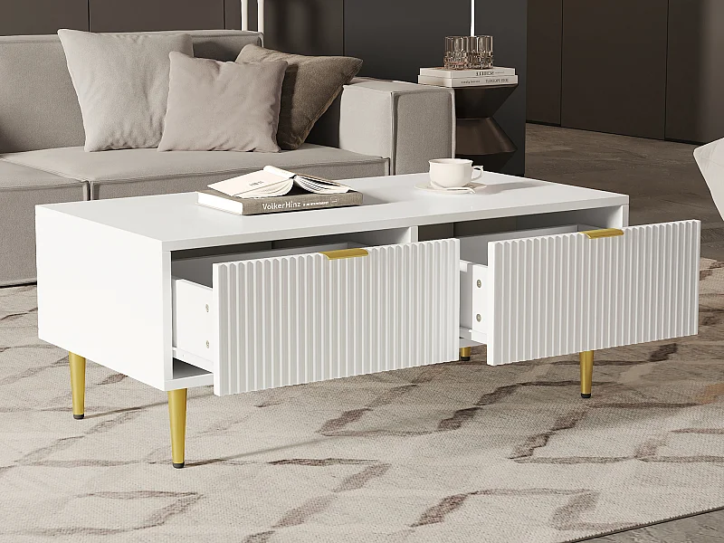Table basse élégante blanche avec décoration dorée, 2 tiroirs, design à rayures verticales, Bois MDF, 100 x 50 x 40 cm