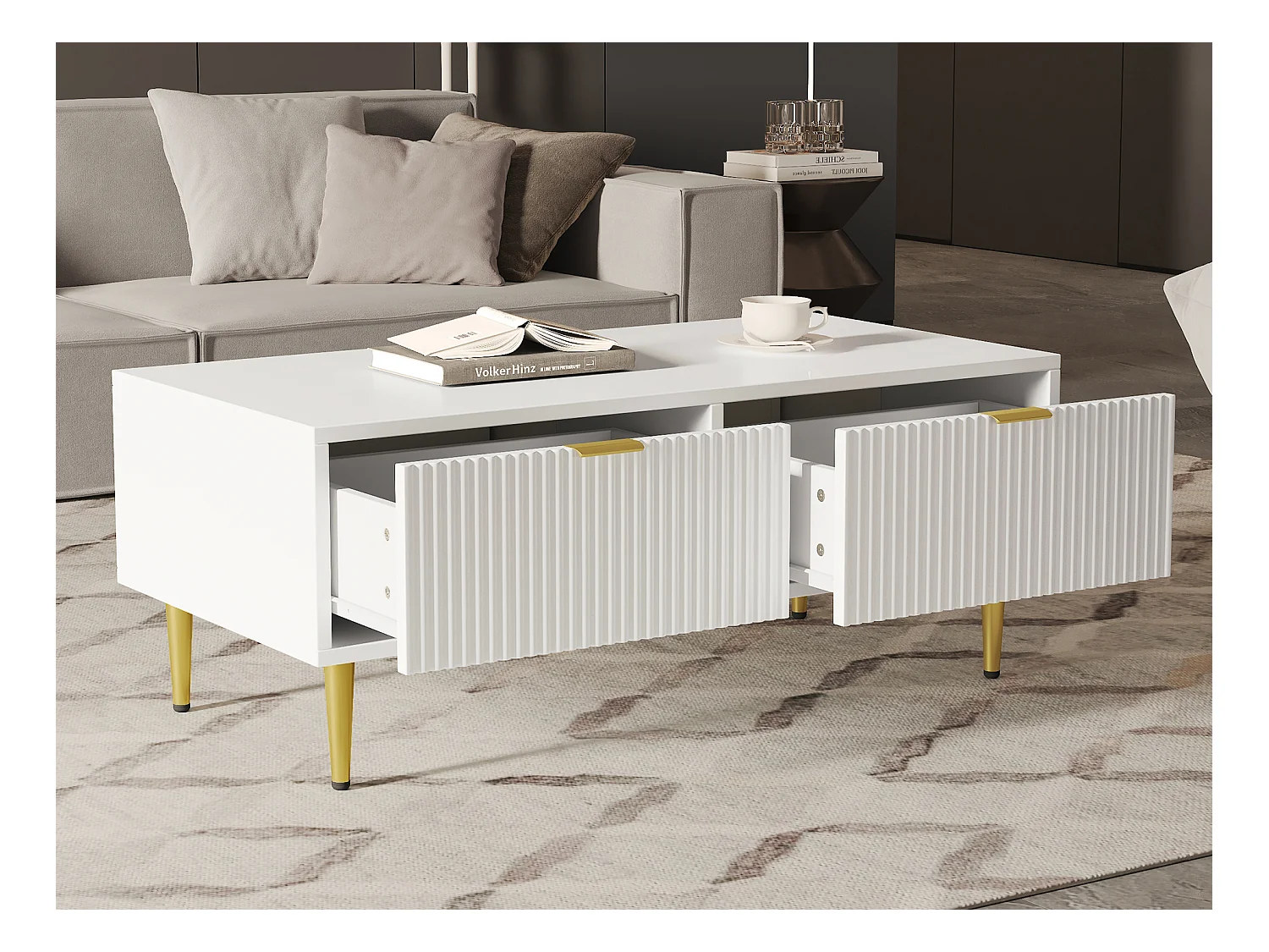 Table basse élégante blanche avec décoration dorée, 2 tiroirs, design à rayures verticales, Bois MDF, 100 x 50 x 40 cm