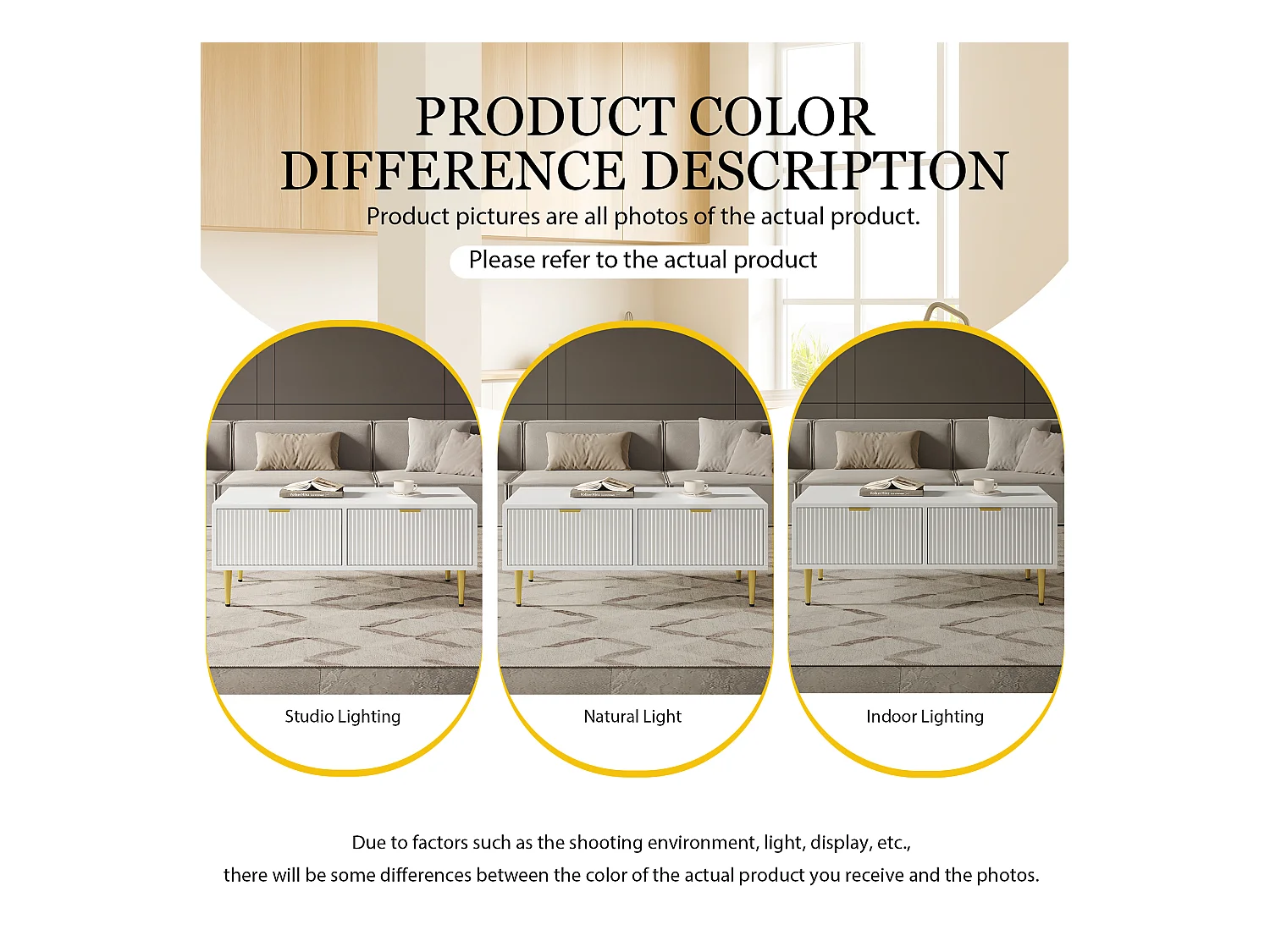 Eleganter weißer Couchtisch mit Golddekor, 2 Schubladen, vertikal gestreiftes Design, MDF-Holz, 100 x 50 x 40 cm