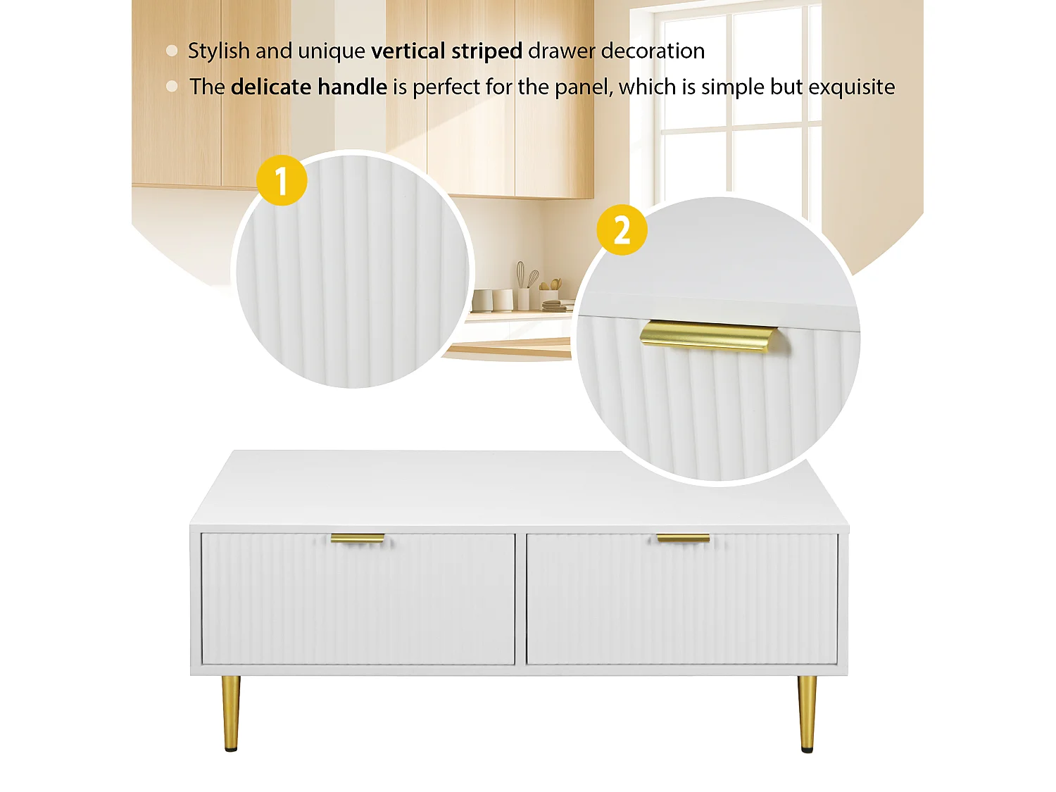 Eleganter weißer Couchtisch mit Golddekor, 2 Schubladen, vertikal gestreiftes Design, MDF-Holz, 100 x 50 x 40 cm