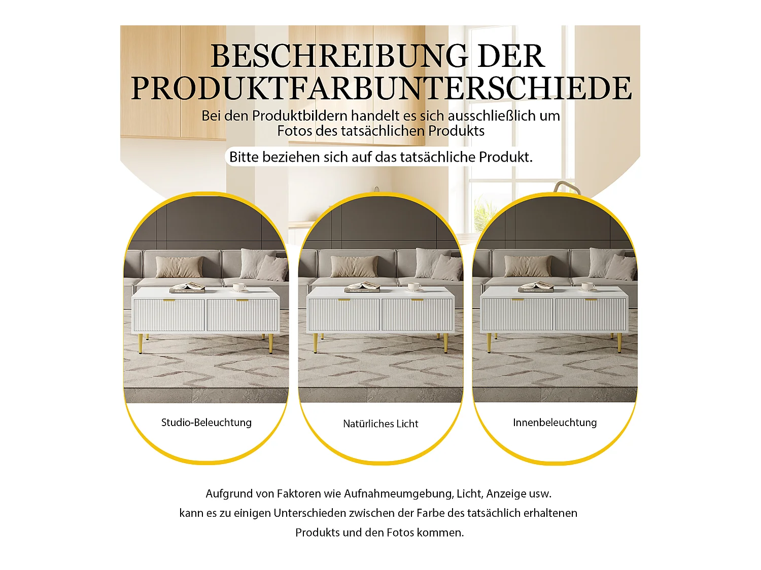 Eleganter weißer Couchtisch mit Golddekor, 2 Schubladen, vertikal gestreiftes Design, MDF-Holz, 100 x 50 x 40 cm