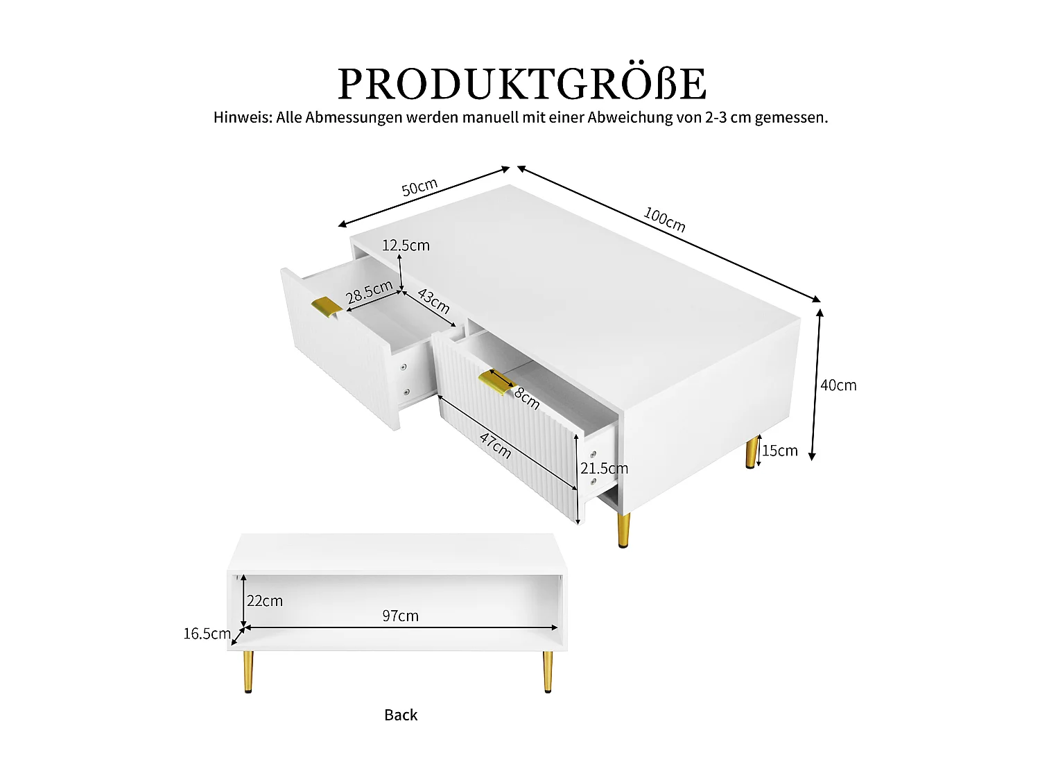 Eleganter weißer Couchtisch mit Golddekor, 2 Schubladen, vertikal gestreiftes Design, MDF-Holz, 100 x 50 x 40 cm