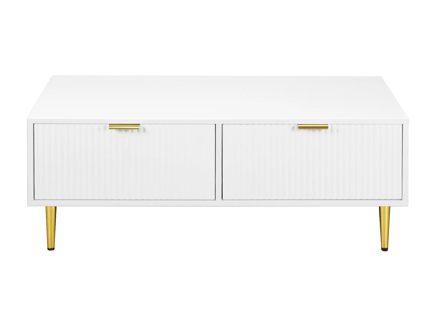 Elegante tavolino bianco con decoro oro, 2 cassetti, design a righe verticali, legno MDF, 100 x 50 x 40 cm