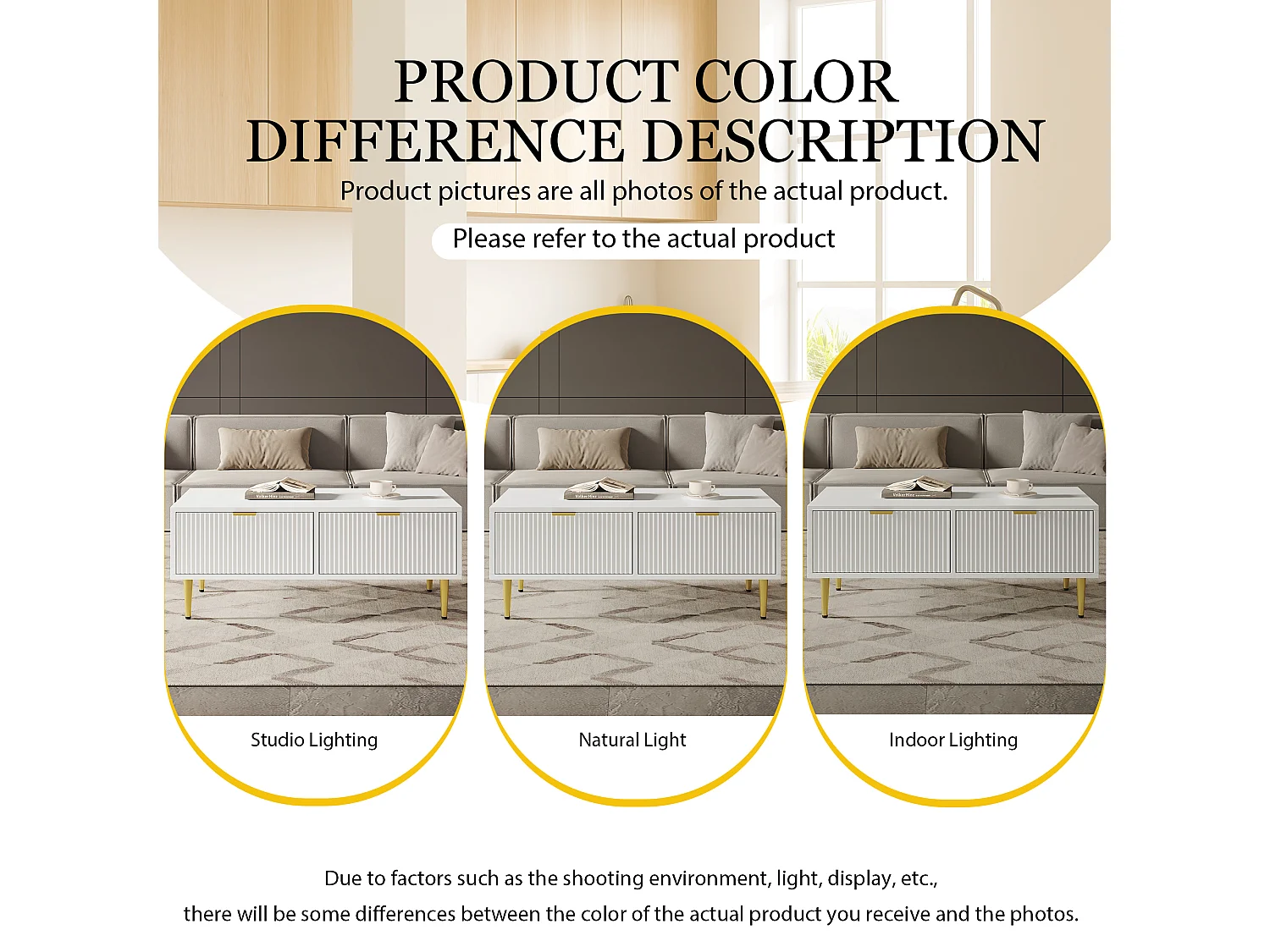 Elegante tavolino bianco con decoro oro, 2 cassetti, design a righe verticali, legno MDF, 100 x 50 x 40 cm