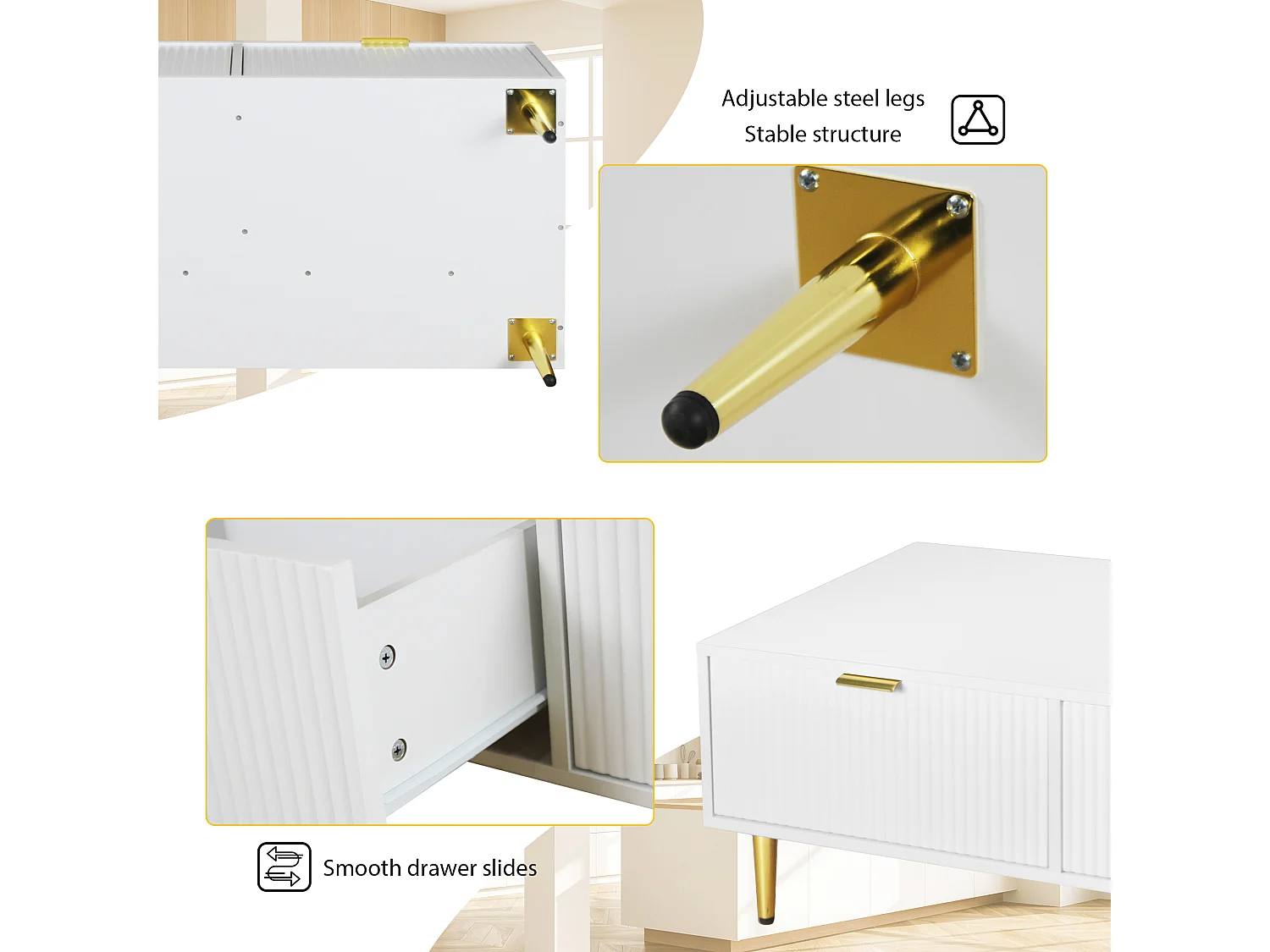 Elegante tavolino bianco con decoro oro, 2 cassetti, design a righe verticali, legno MDF, 100 x 50 x 40 cm