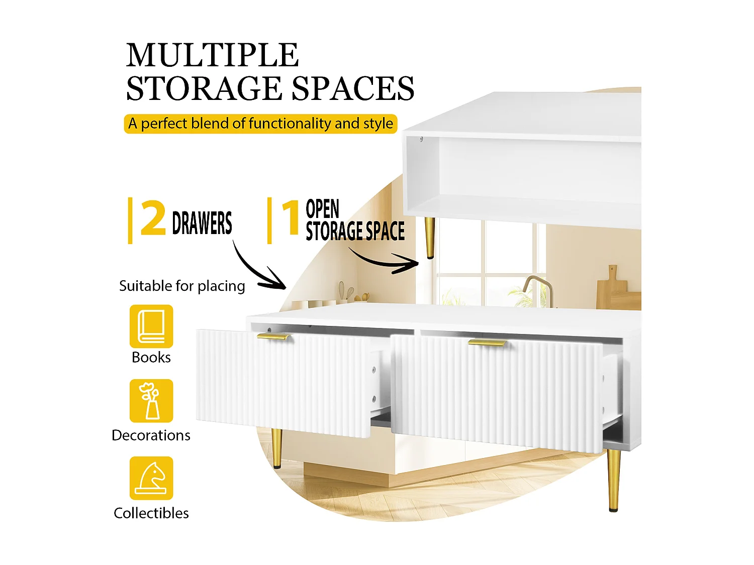 Elegante tavolino bianco con decoro oro, 2 cassetti, design a righe verticali, legno MDF, 100 x 50 x 40 cm