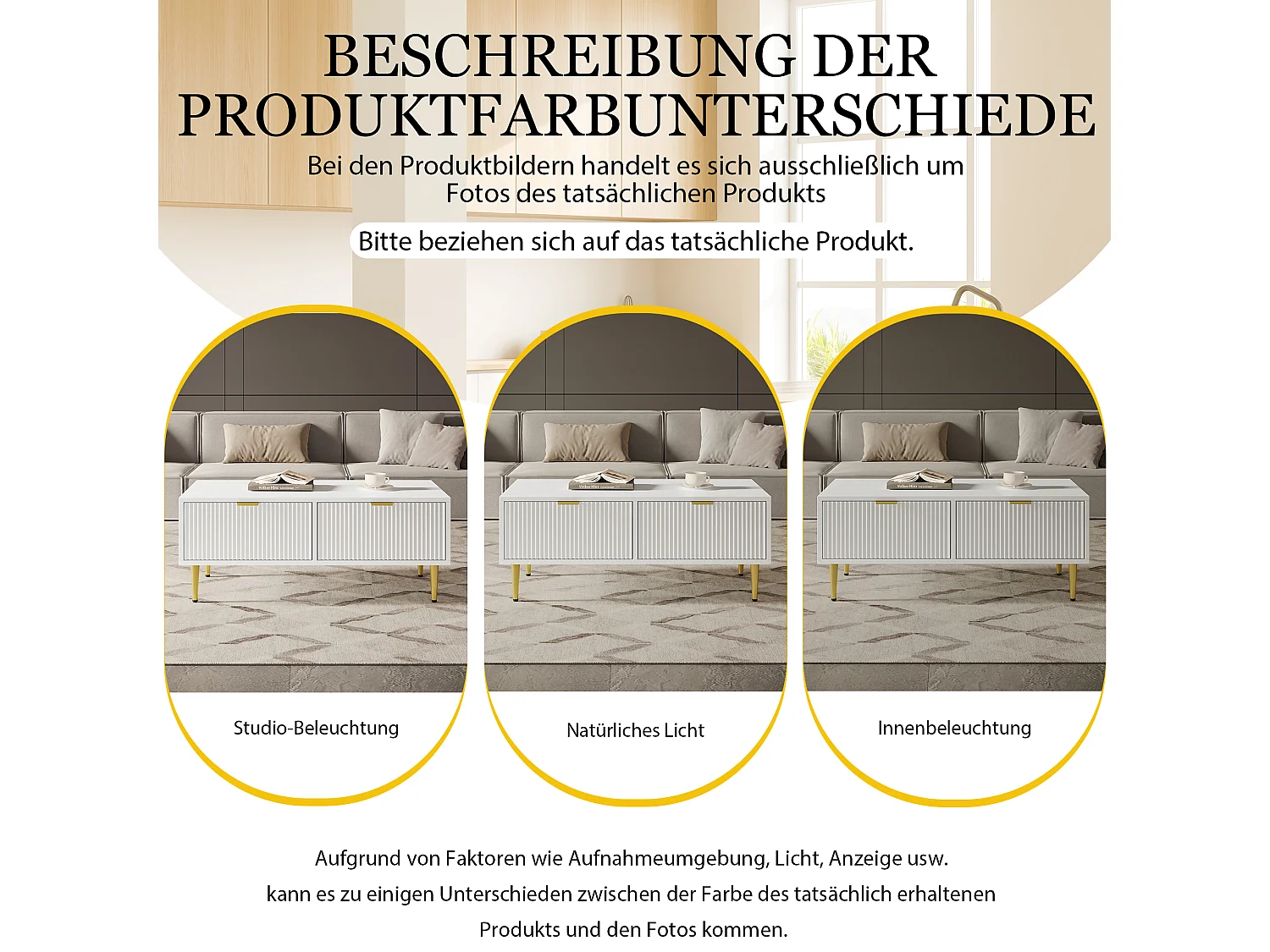 Elegante tavolino bianco con decoro oro, 2 cassetti, design a righe verticali, legno MDF, 100 x 50 x 40 cm