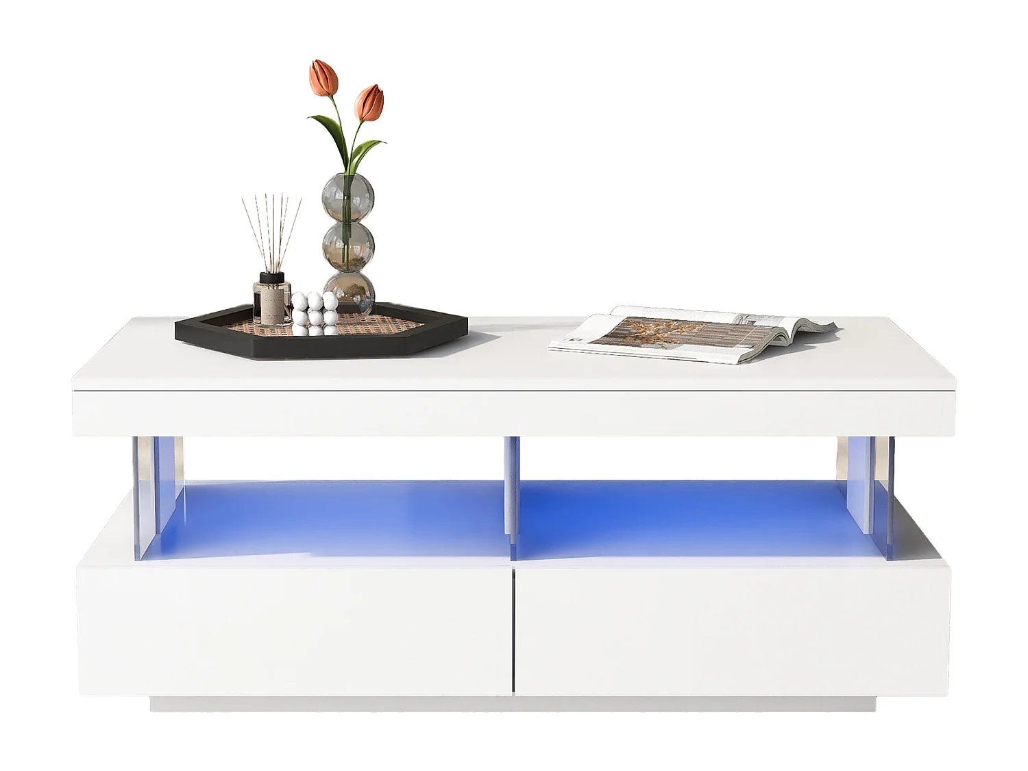 Table basse blanche, table d'appoint avec LED, plateau en haute brillance, Bois panneaux de particules, 100 x 60 x 49.5 cm
