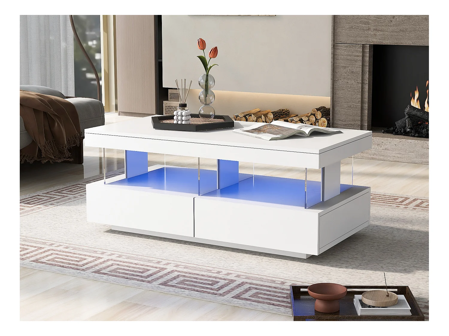 Table basse blanche, table d'appoint avec LED, plateau en haute brillance, Bois panneaux de particules, 100 x 60 x 49.5 cm