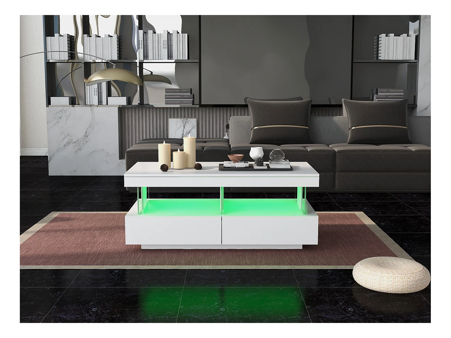 Mesa de centro blanca, mesa auxiliar con LED, tablero brillante, tablero de partículas de madera, 100 x 60 x 49,5 cm