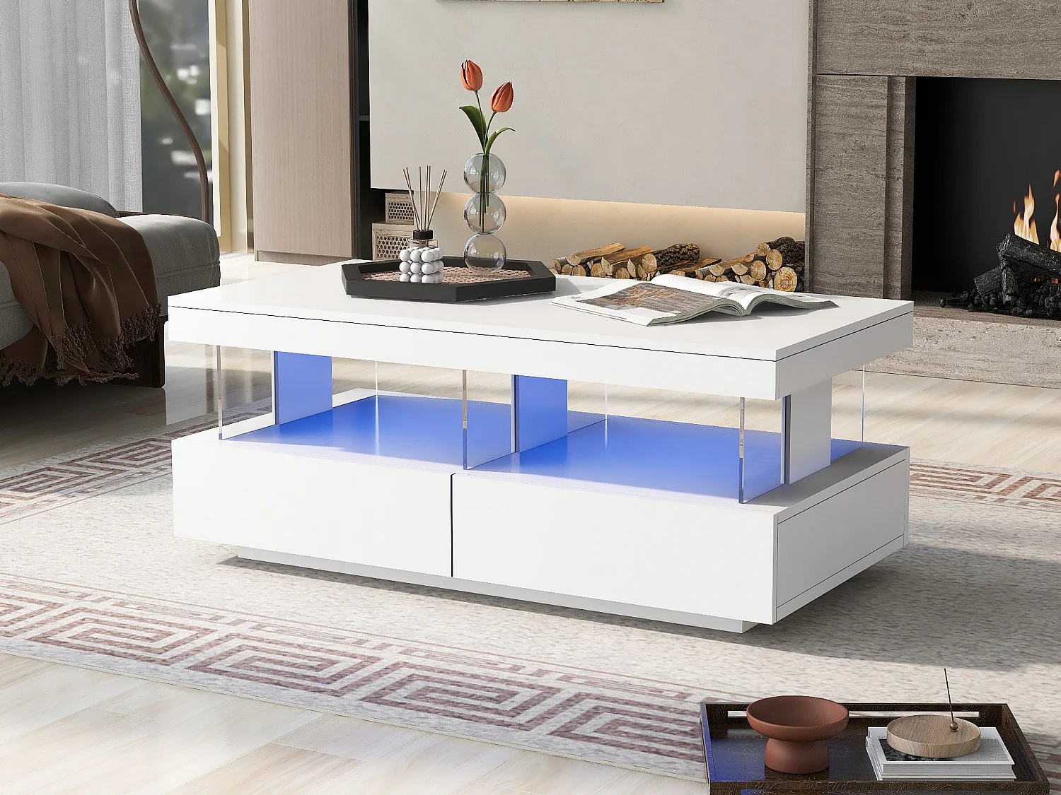 Table basse blanche, table d'appoint avec LED, plateau en haute brillance, Bois panneaux de particules, 100 x 60 x 49.5 cm