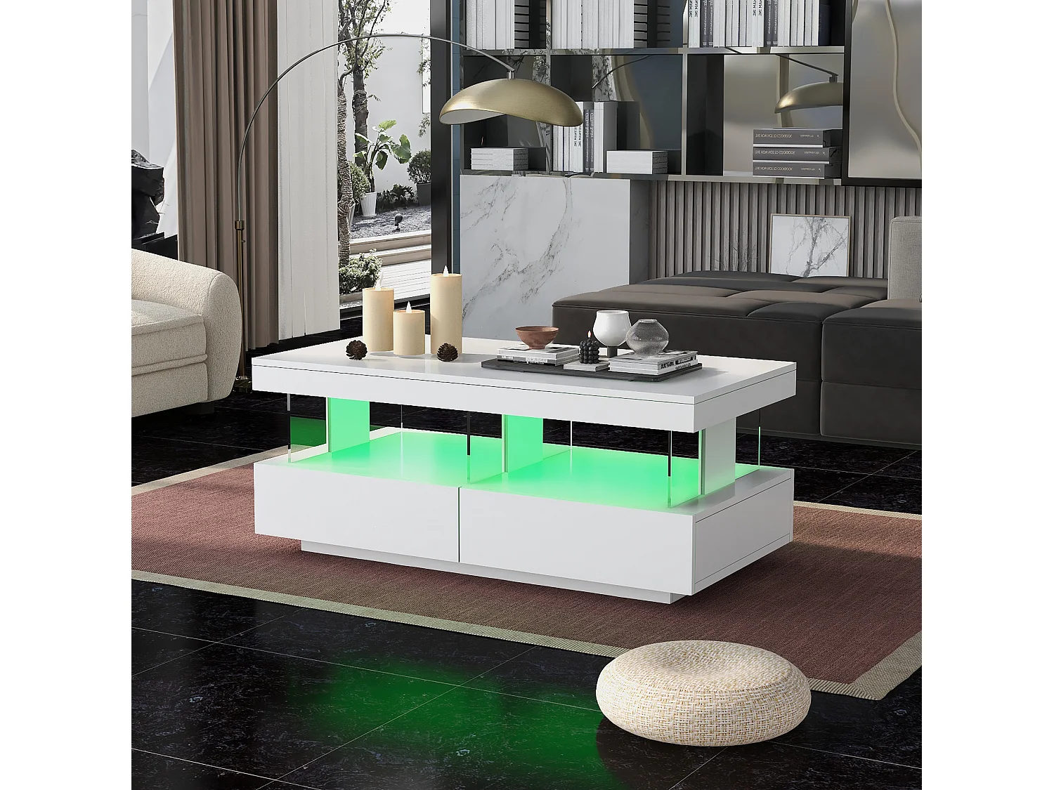 Table basse blanche, table d'appoint avec LED, plateau en haute brillance, Bois panneaux de particules, 100 x 60 x 49.5 cm
