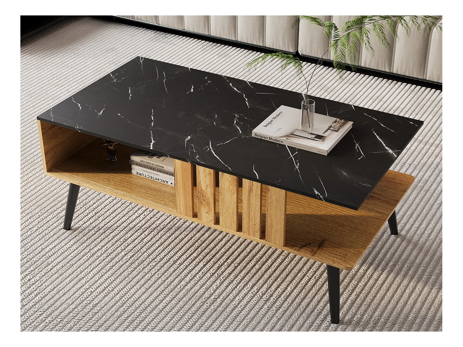 Tavolino da caffè moderno rettangolare con piano in marmo, tavolo da salotto, legno nero e quercia, 90 x 54 x 40 cm