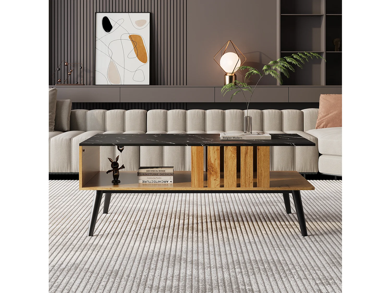 Tavolino da caffè moderno rettangolare con piano in marmo, tavolo da salotto, legno nero e quercia, 90 x 54 x 40 cm