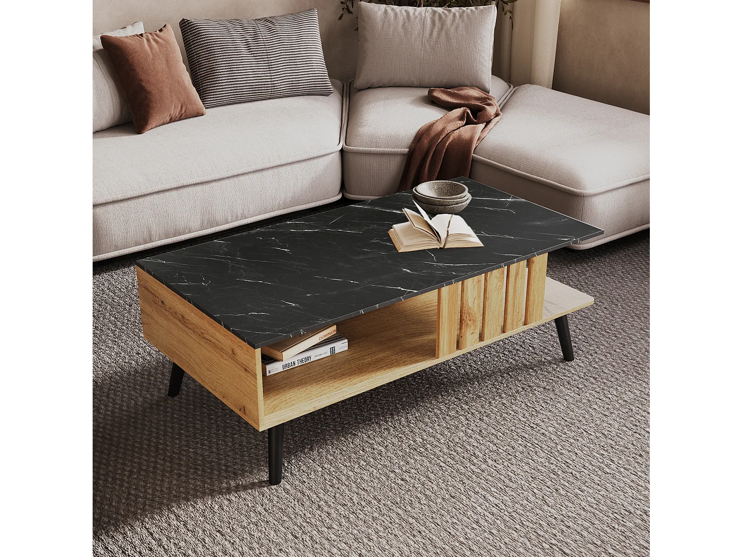 Tavolino da caffè moderno rettangolare con piano in marmo, tavolo da salotto, legno nero e quercia, 90 x 54 x 40 cm