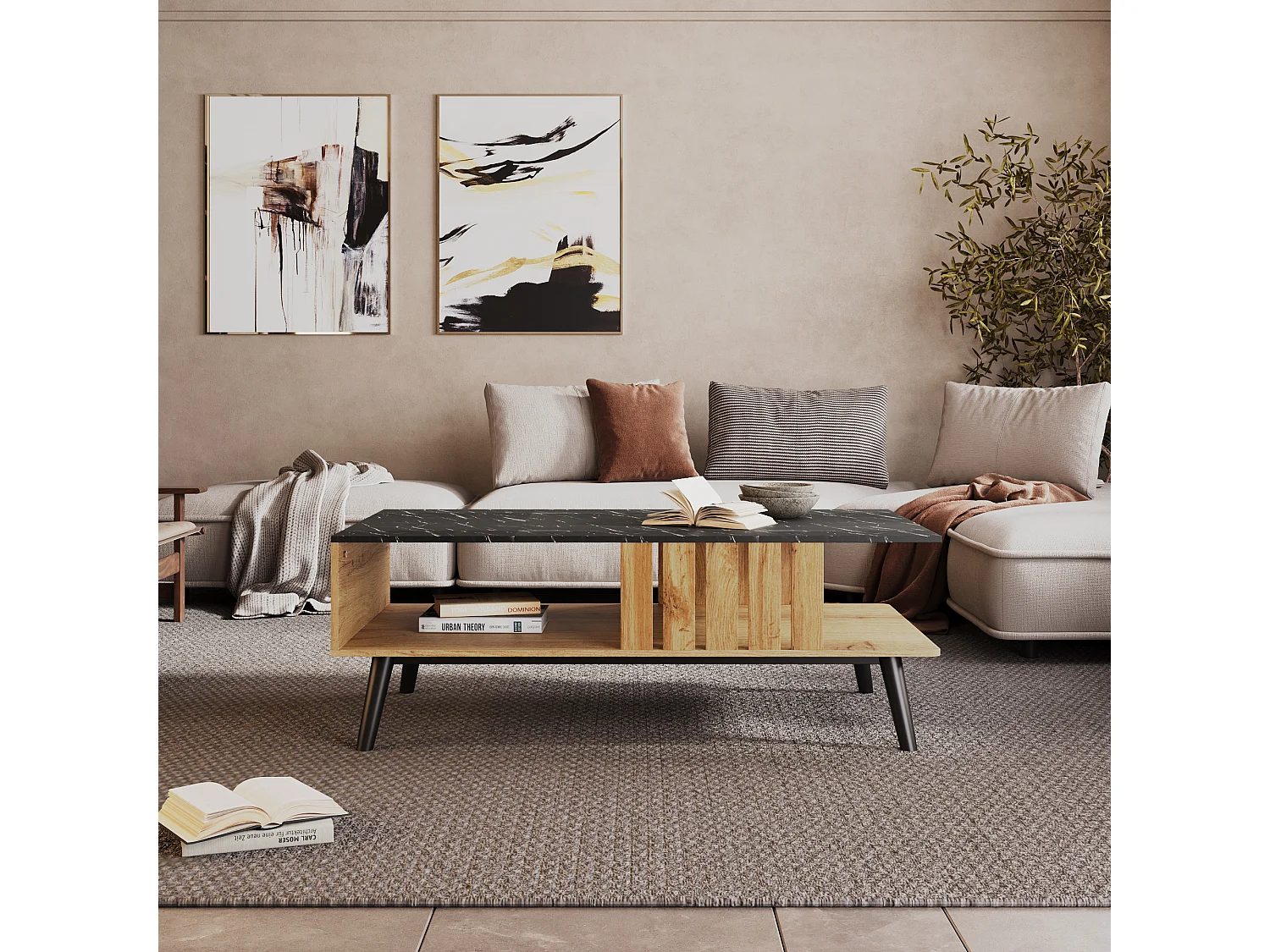 Tavolino da caffè moderno rettangolare con piano in marmo, tavolo da salotto, legno nero e quercia, 90 x 54 x 40 cm